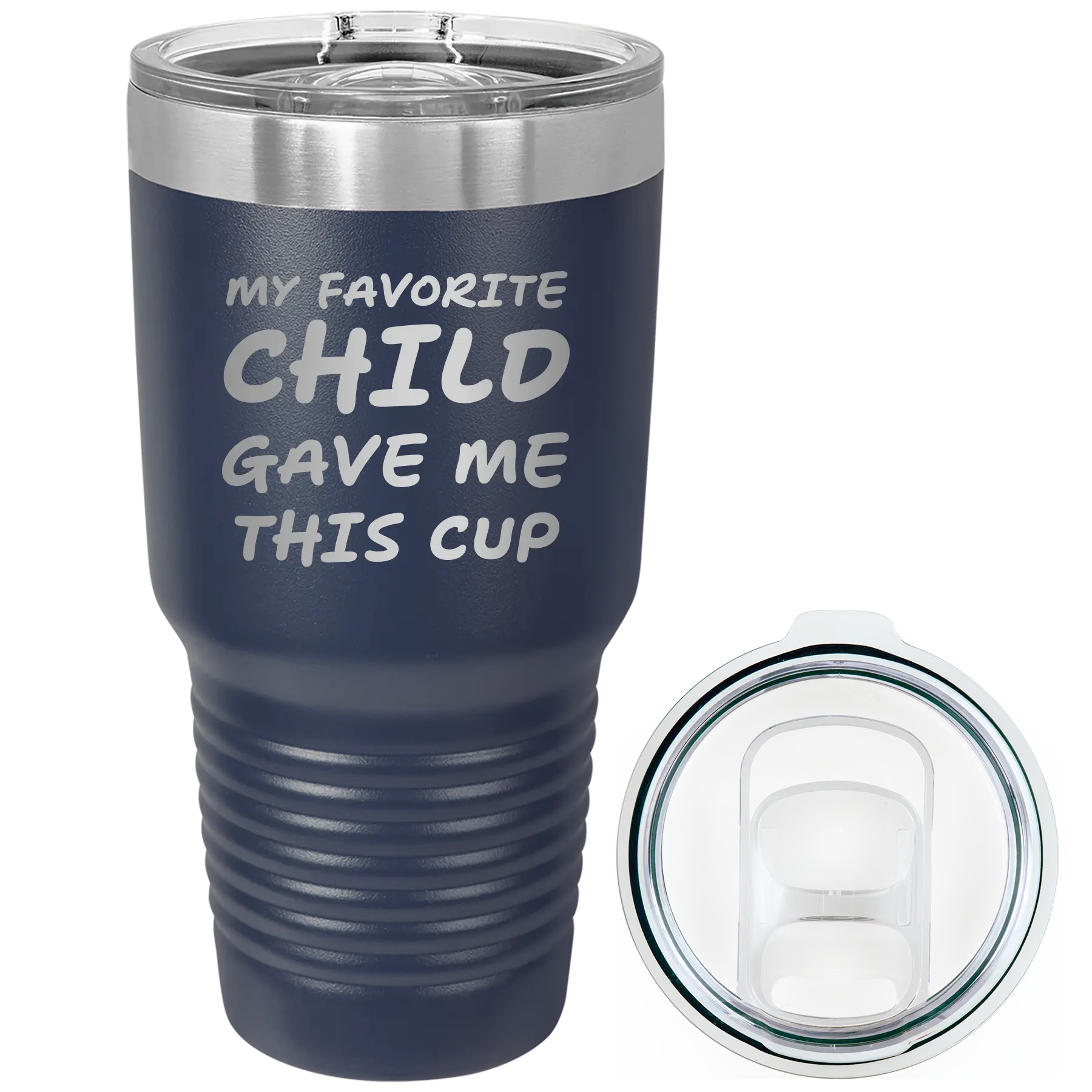 Laser etched navy 30 oz vacuum insulated tumbler with 'My favorite Child' design