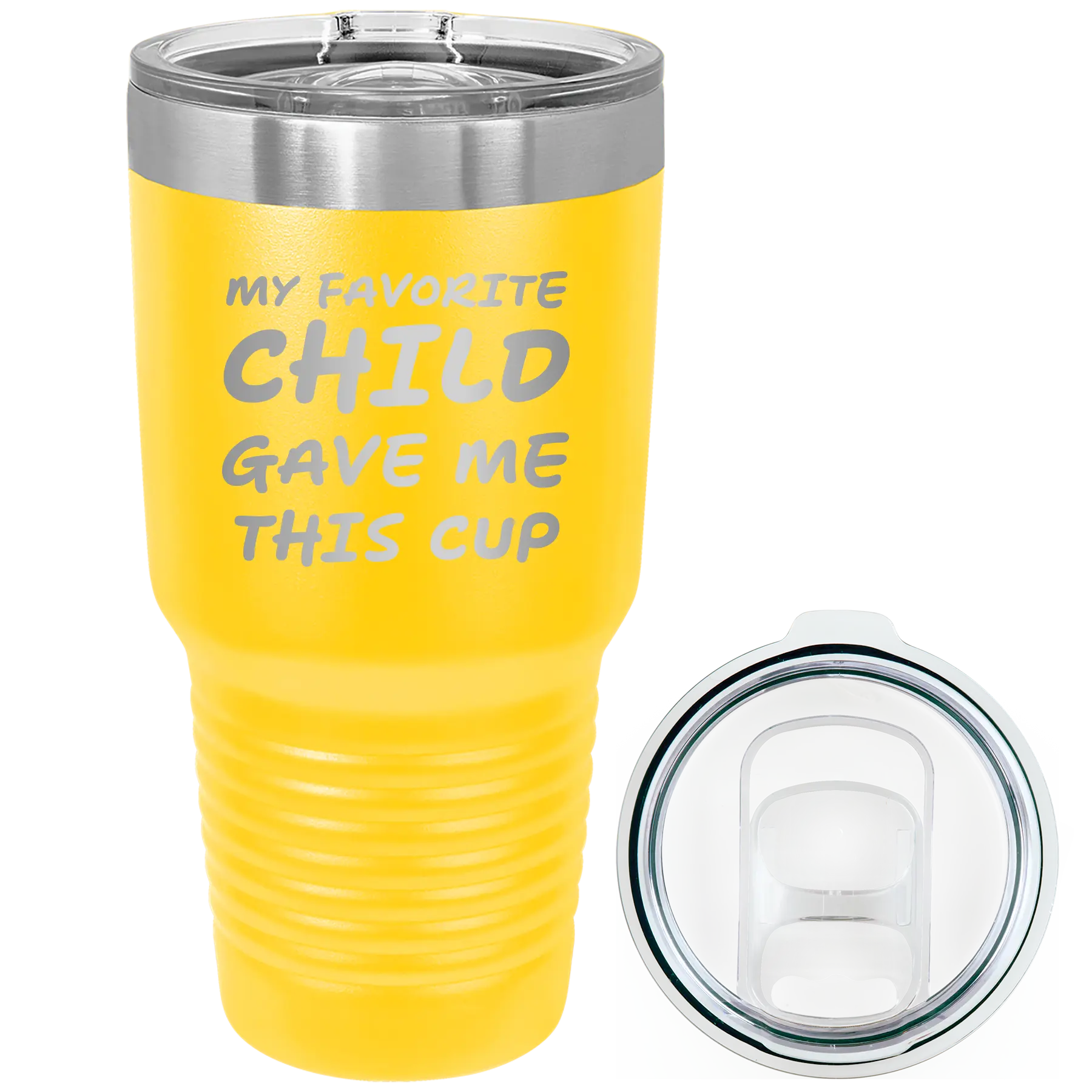 Laser etched yellow 30 oz vacuum insulated tumbler with 'My favorite Child' design