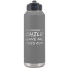 Laser etched dark gray 32 oz vacuum insulated water bottle with 'My favorite Child' design