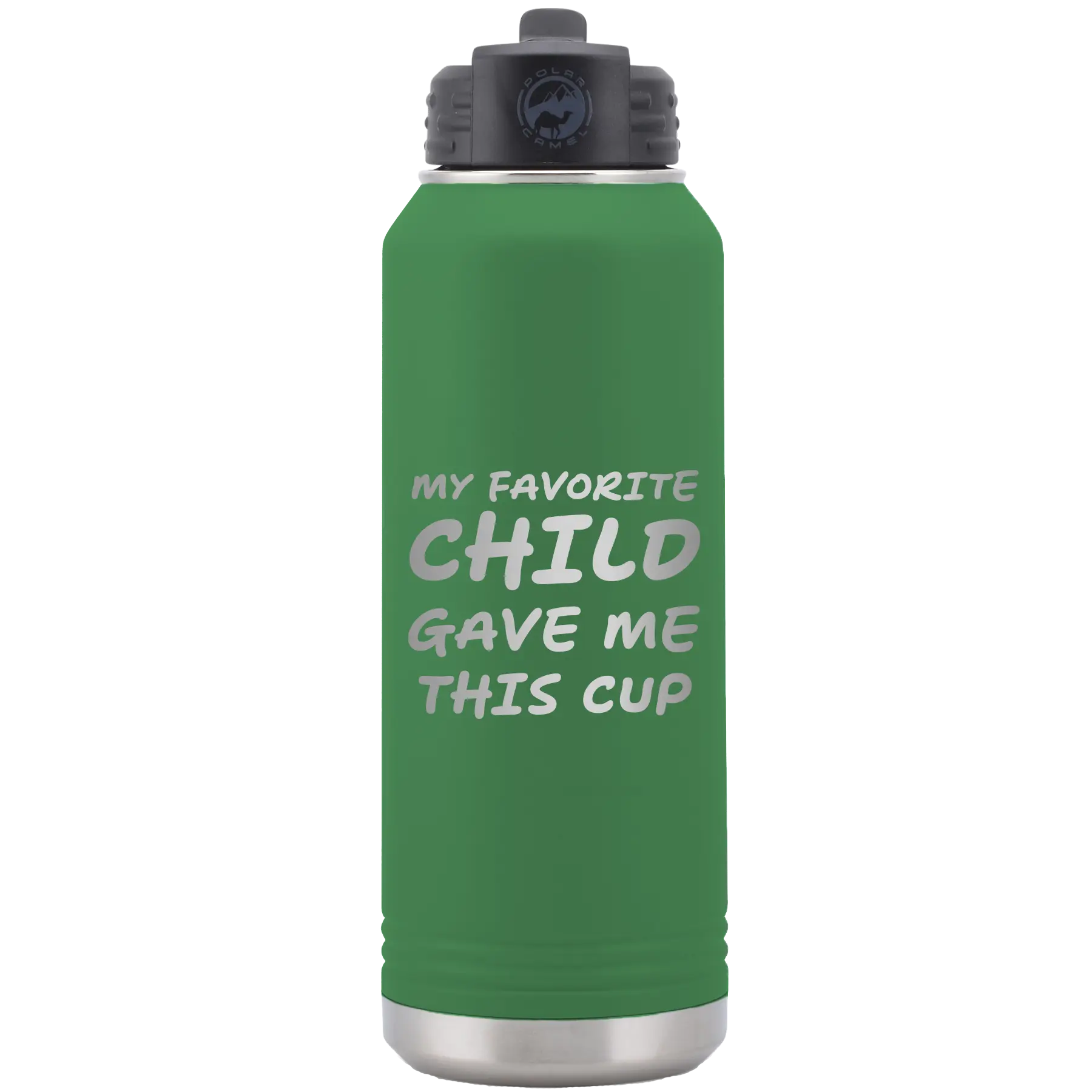 Laser etched green 32 oz vacuum insulated water bottle with 'My favorite Child' design
