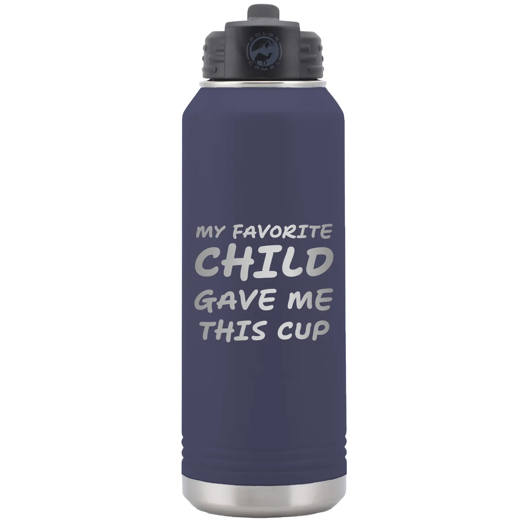 Laser etched navy 32 oz vacuum insulated water bottle with 'My favorite Child' design