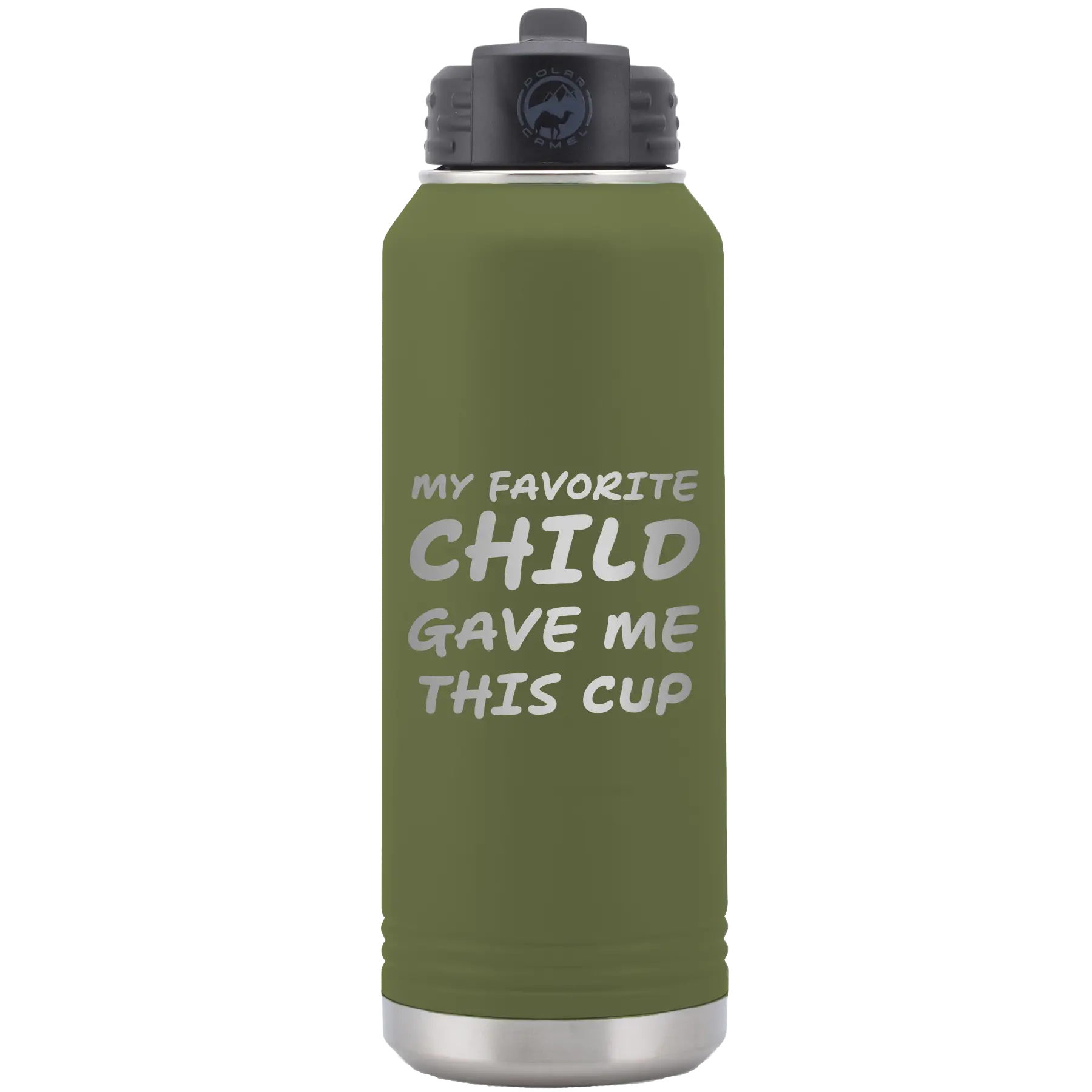 Laser etched olive green 32 oz vacuum insulated water bottle with 'My favorite Child' design