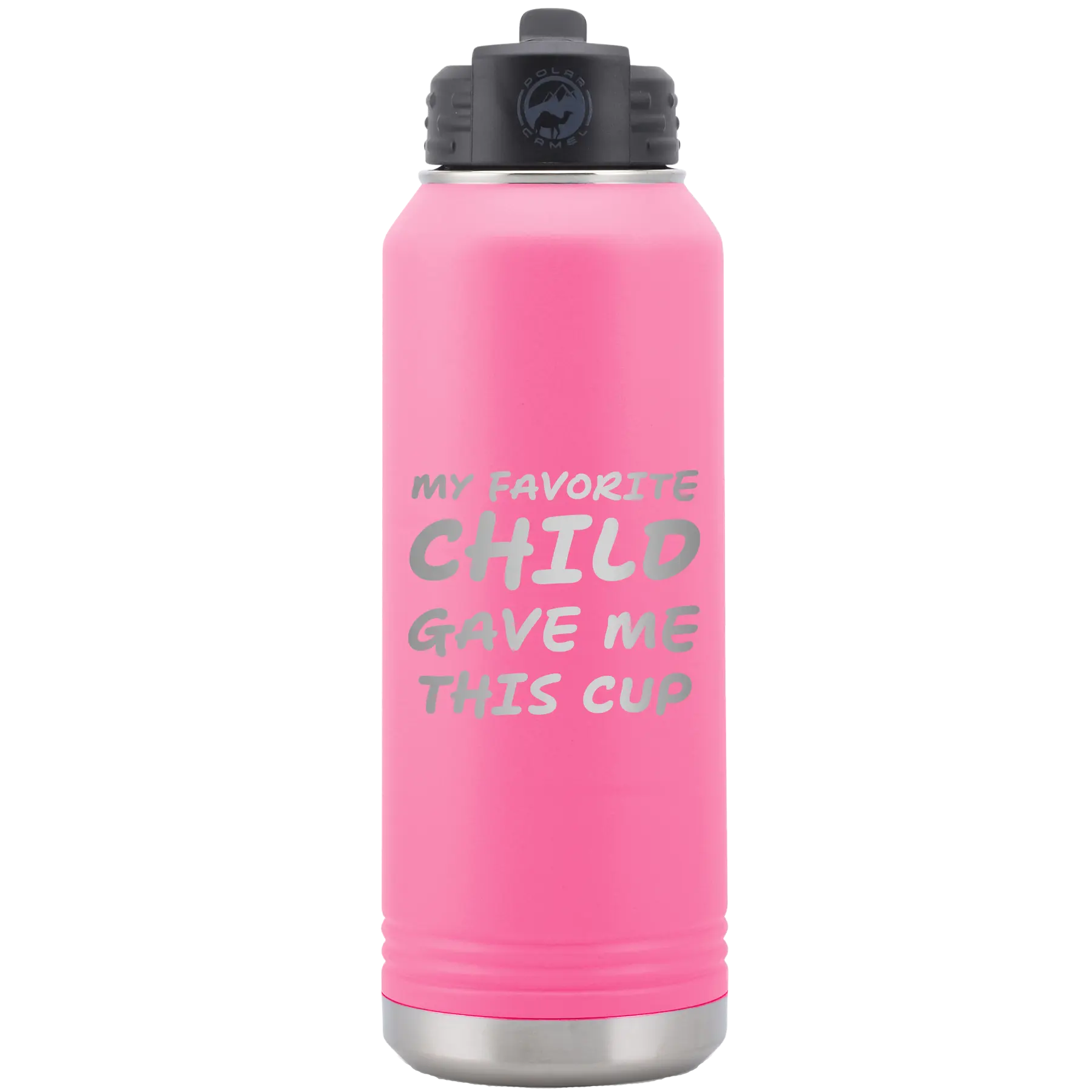Laser etched pink 32 oz vacuum insulated water bottle with 'My favorite Child' design