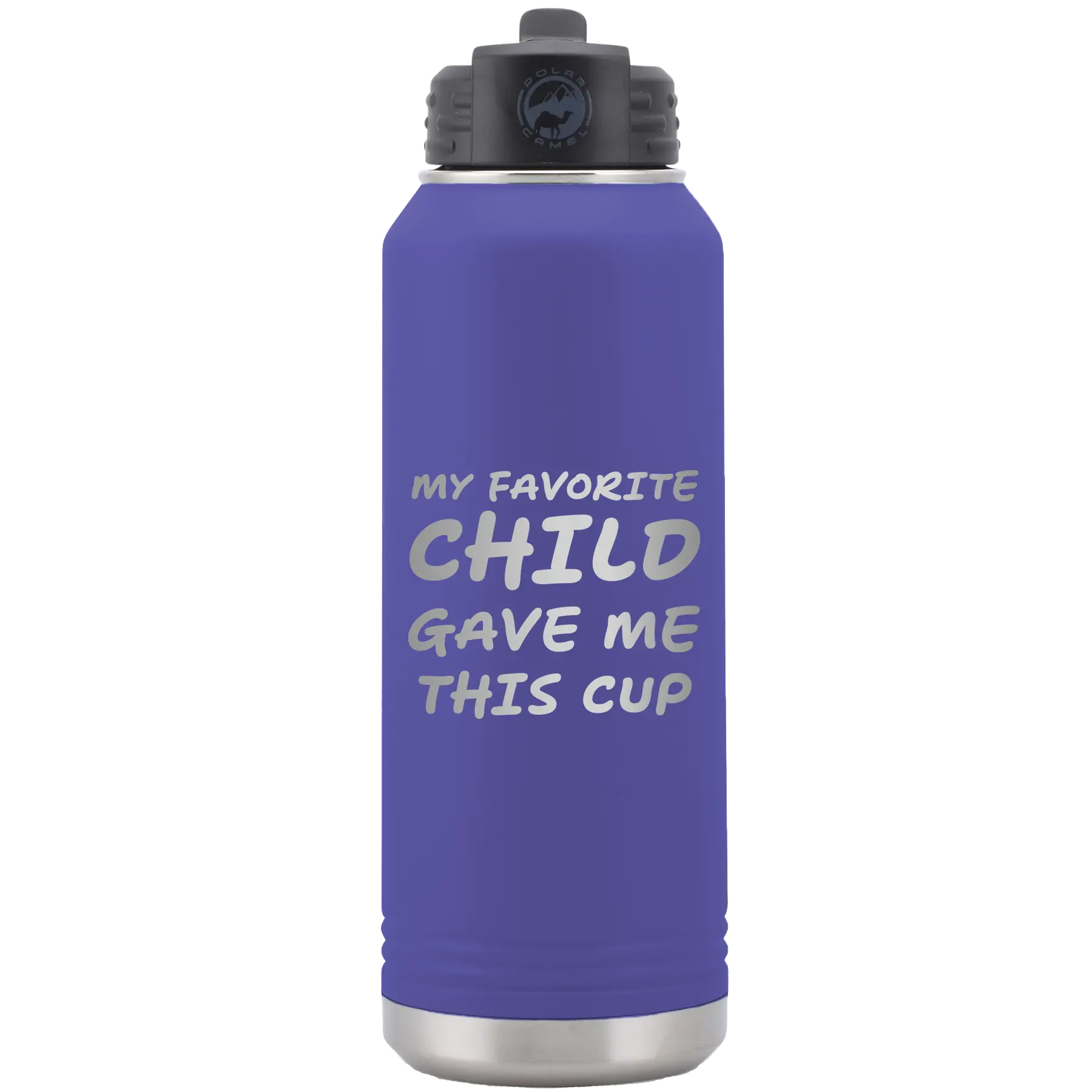 Laser etched purple 32 oz vacuum insulated water bottle with 'My favorite Child' design