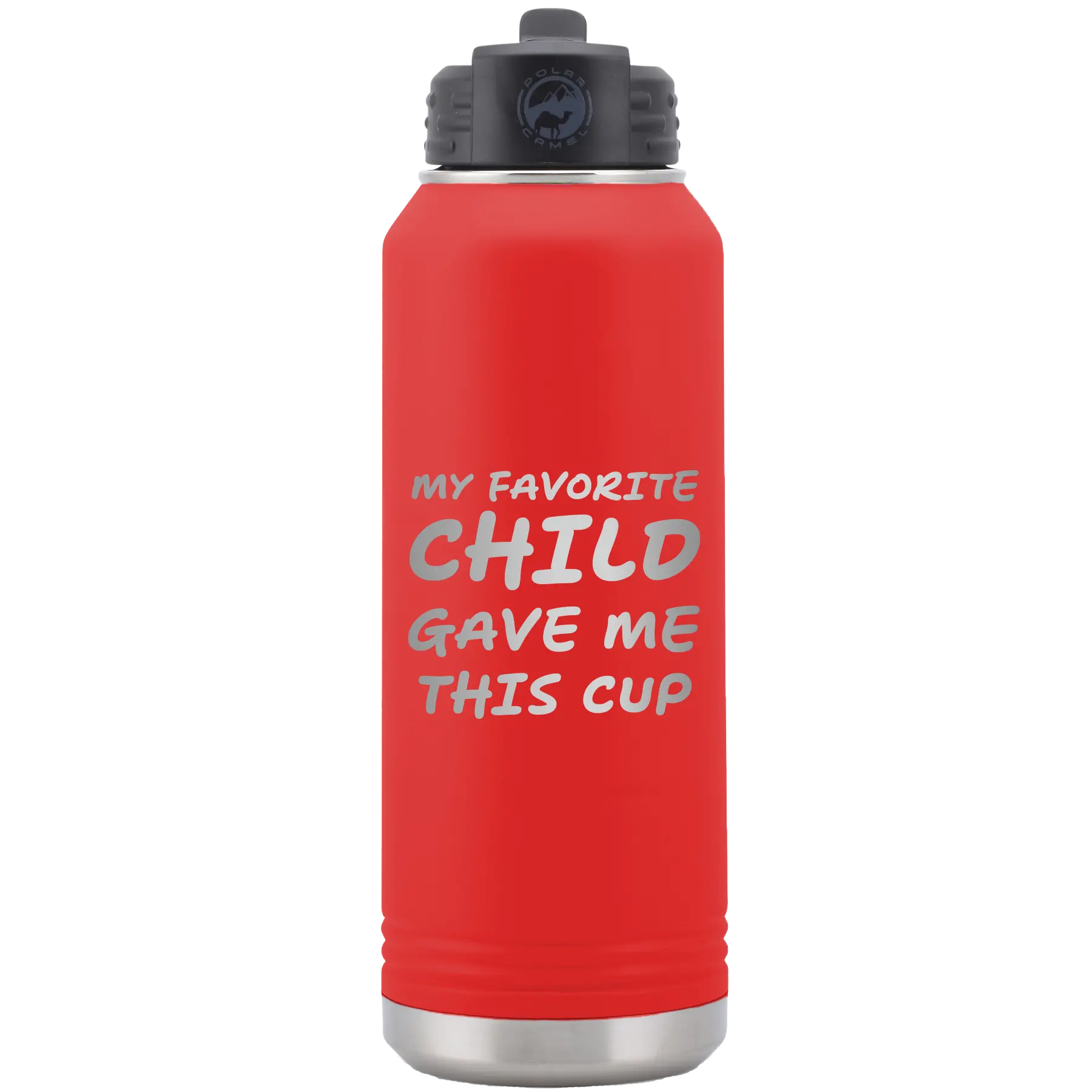 Laser etched red 32 oz vacuum insulated water bottle with 'My favorite Child' design