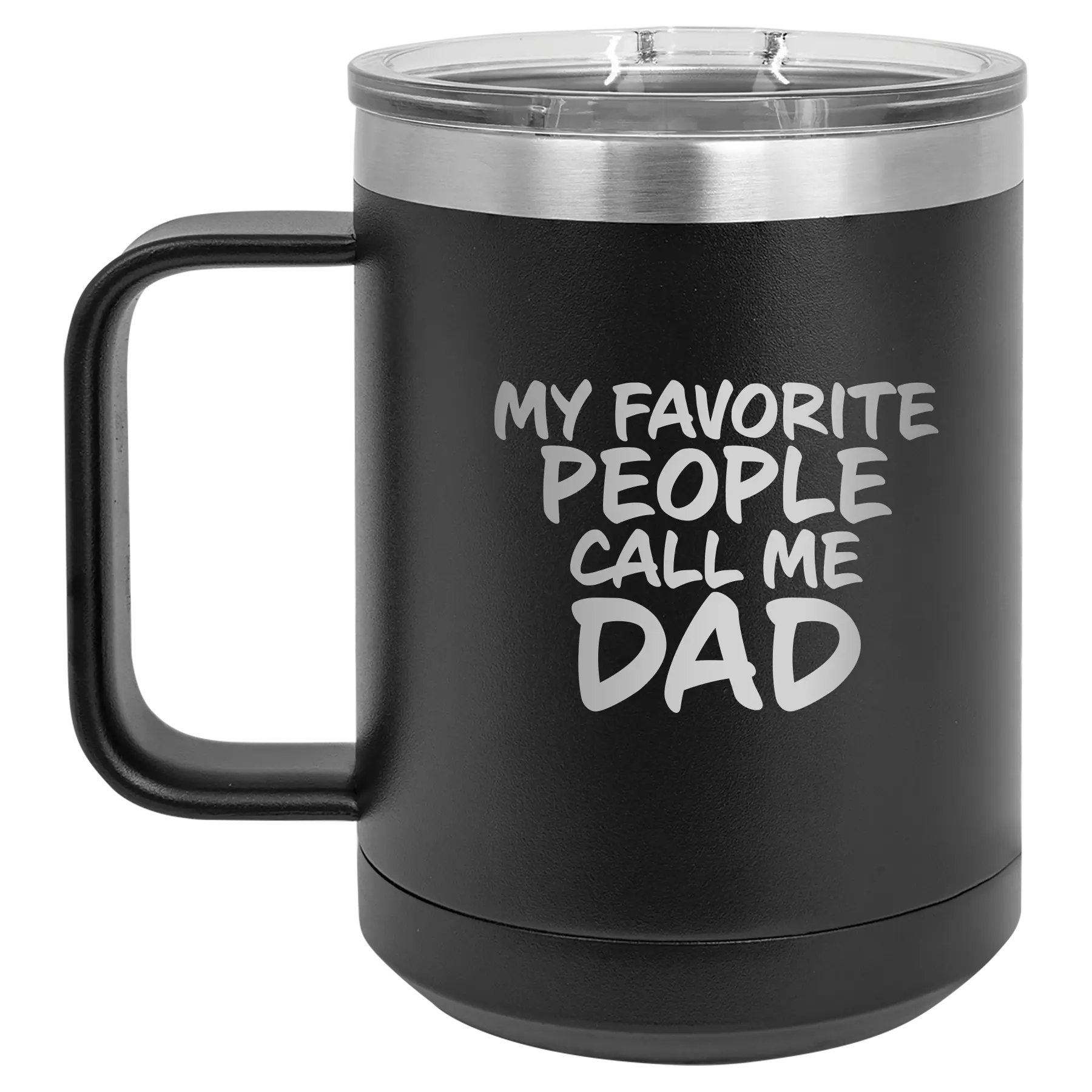 Personalized black 15 oz vacuum insulated coffee mug with etched 'My favorite People' design