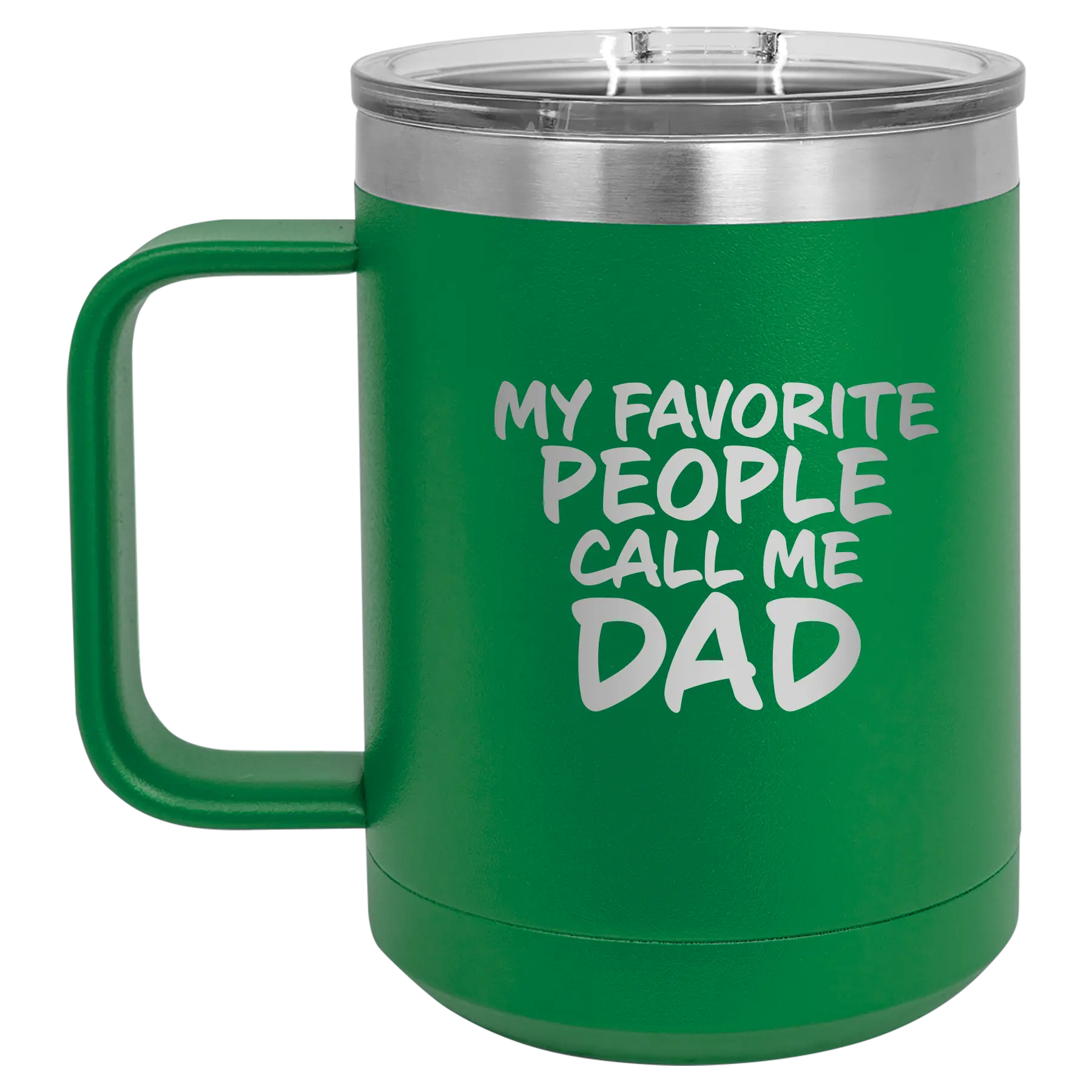 Personalized green 15 oz vacuum insulated coffee mug with etched 'My favorite People' design