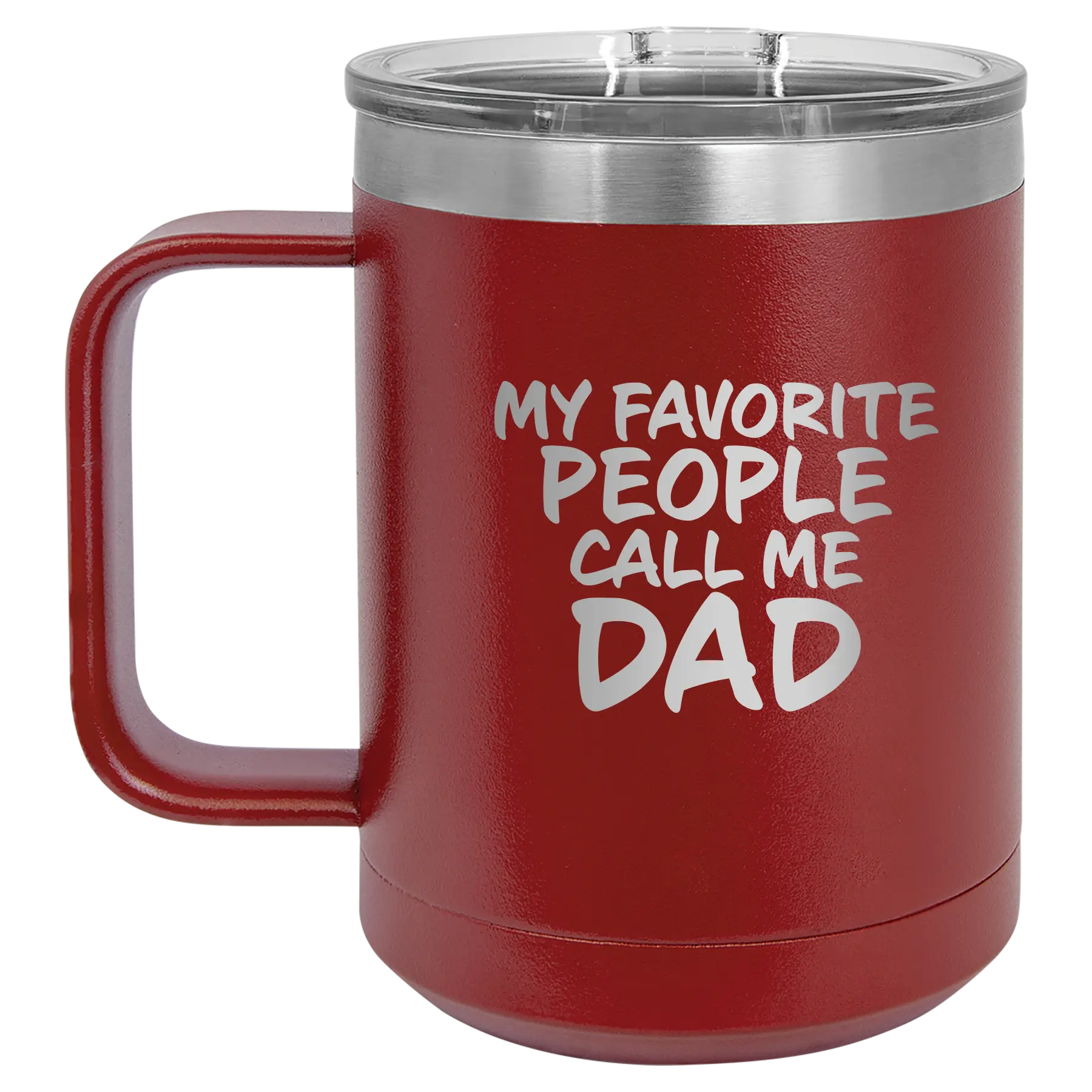 Personalized maroon 15 oz vacuum insulated coffee mug with etched 'My favorite People' design