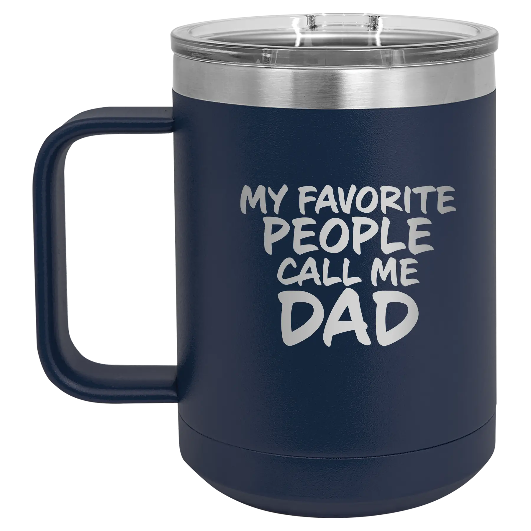 Personalized navy 15 oz vacuum insulated coffee mug with etched 'My favorite People' design