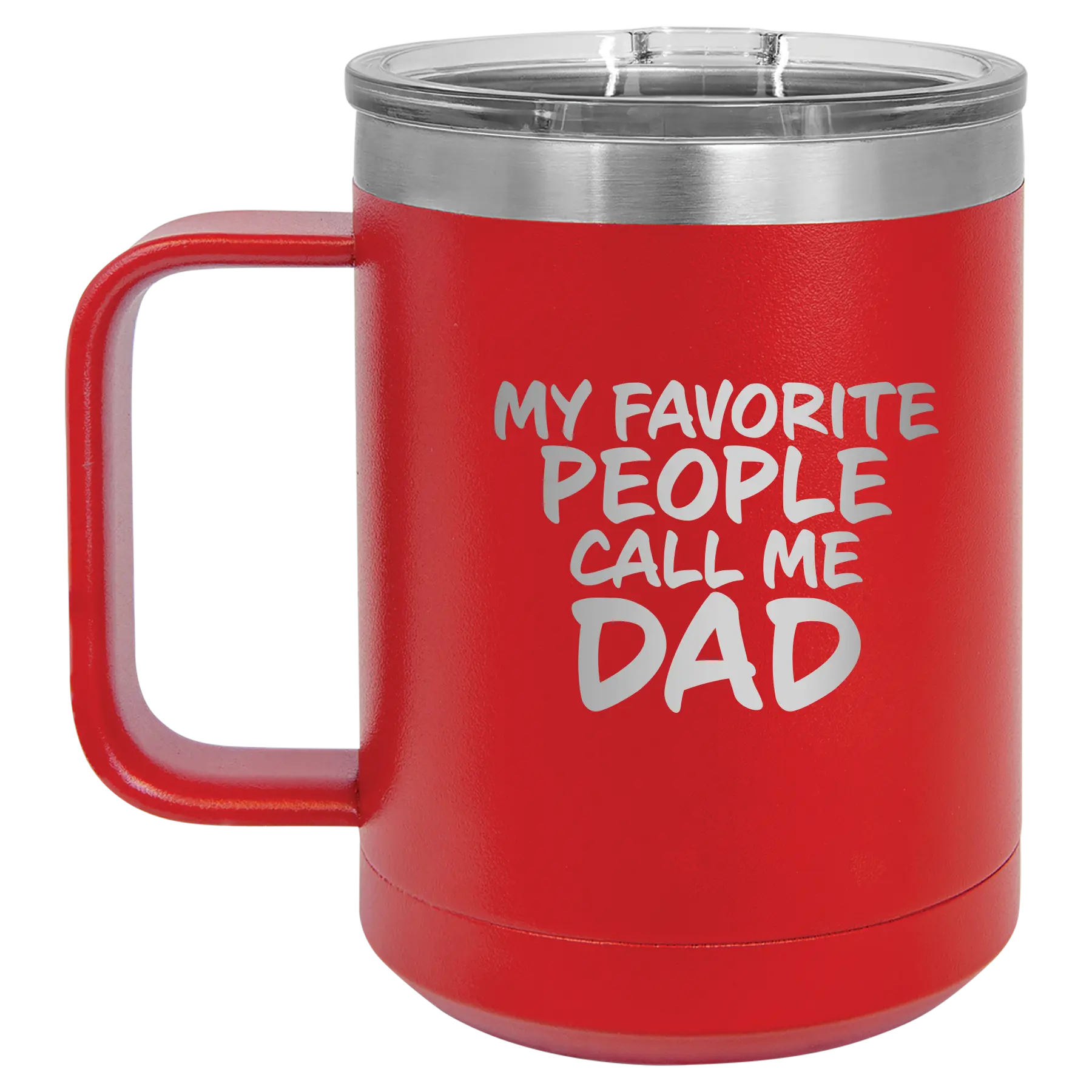 Personalized red 15 oz vacuum insulated coffee mug with etched 'My favorite People' design