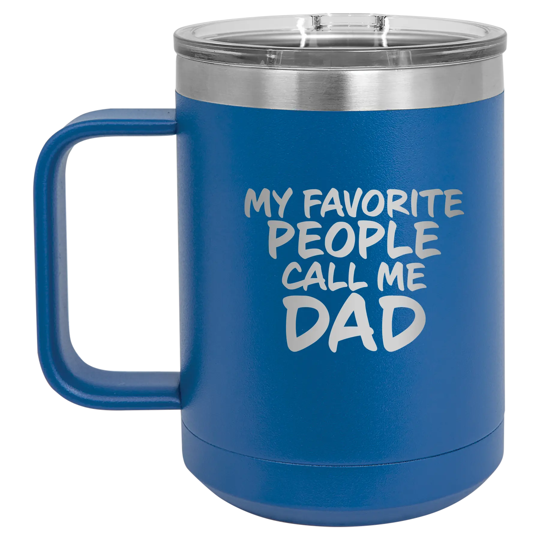 Personalized royal blue 15 oz vacuum insulated coffee mug with etched 'My favorite People' design