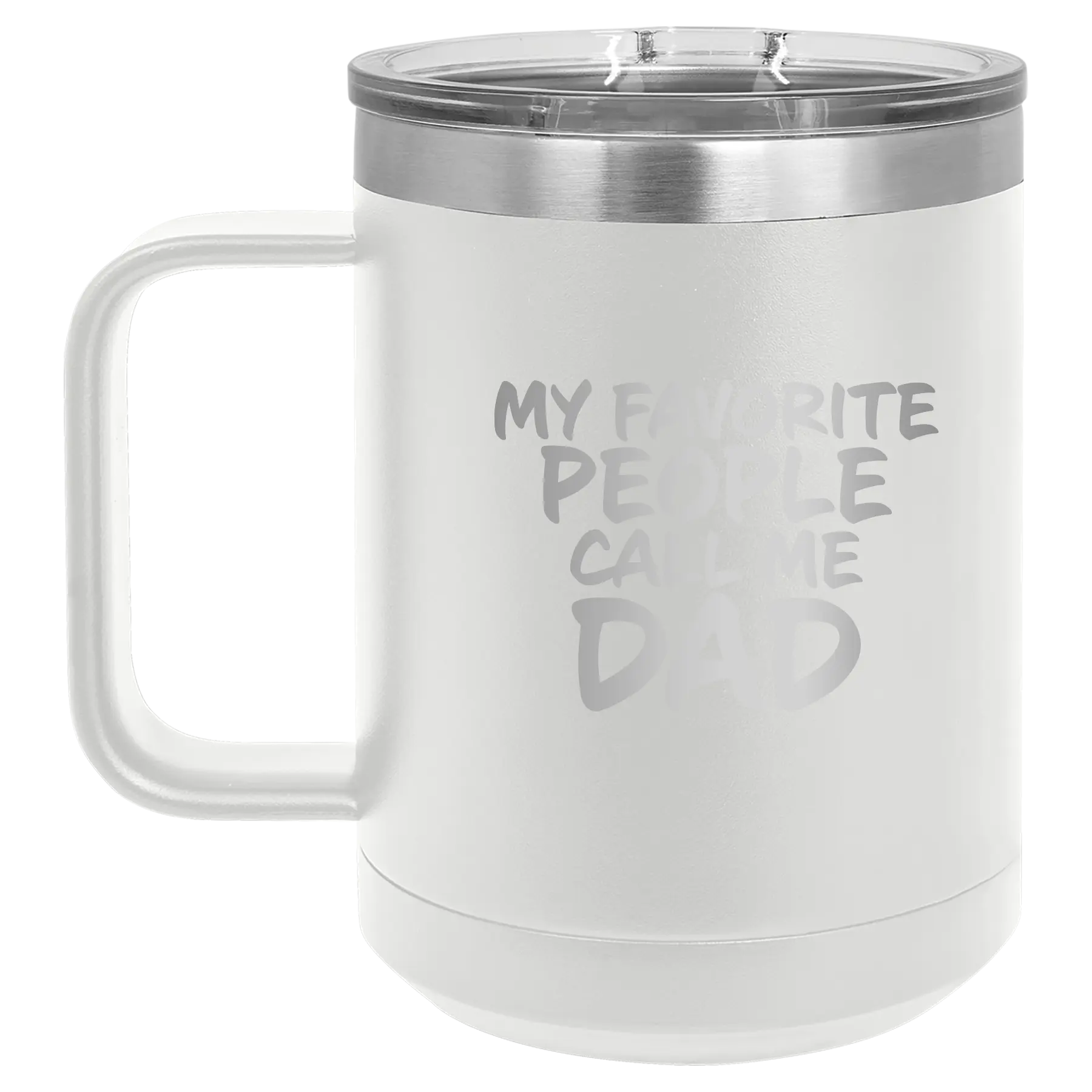 Personalized white 15 oz vacuum insulated coffee mug with etched 'My favorite People' design