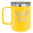 Personalized yellow 15 oz vacuum insulated coffee mug with etched 'My favorite People' design