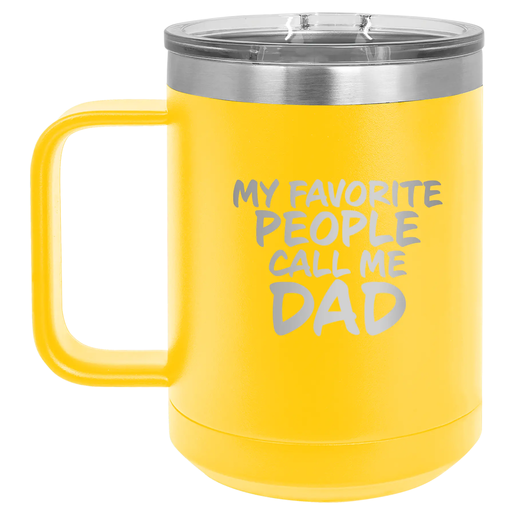 Personalized yellow 15 oz vacuum insulated coffee mug with etched 'My favorite People' design