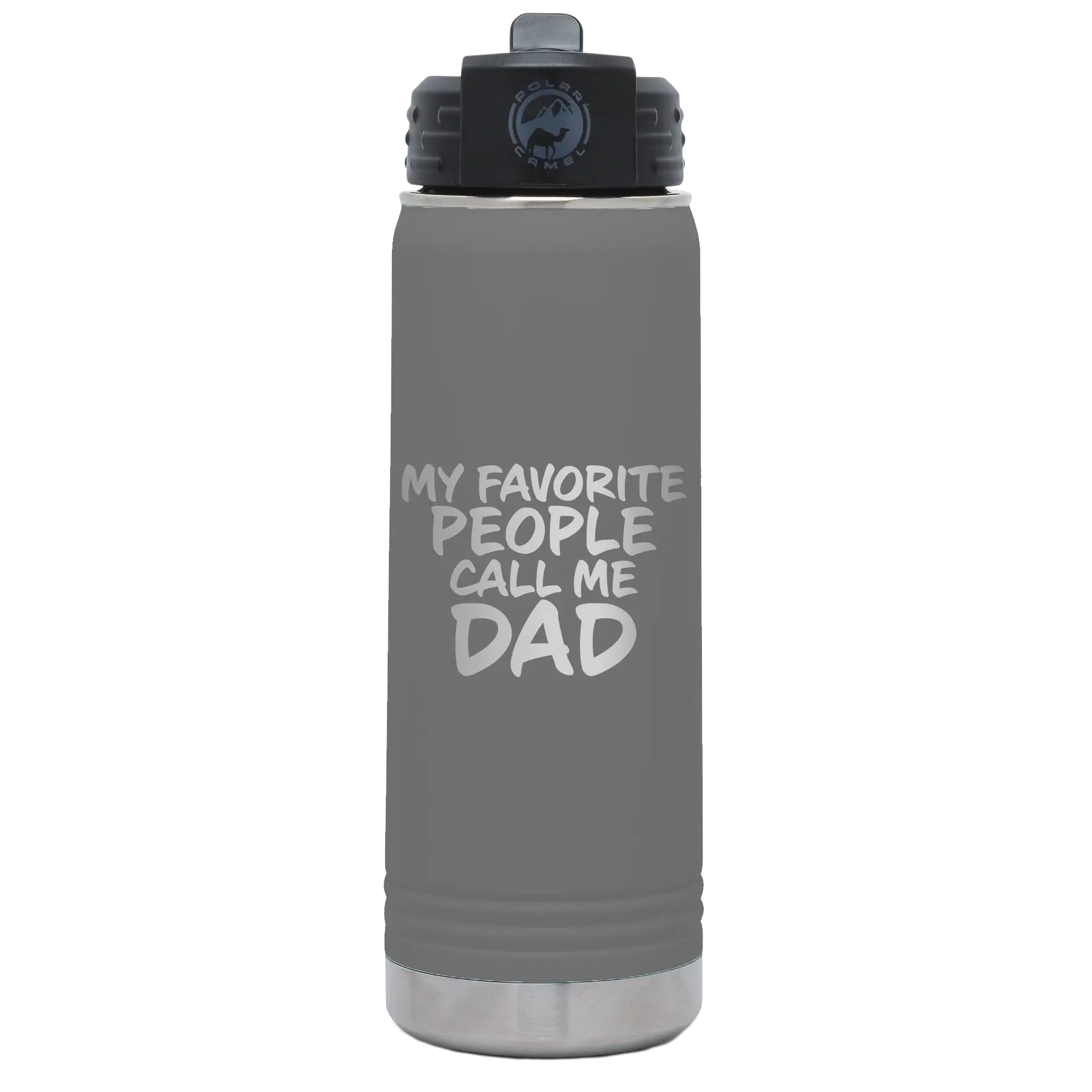 Laser etched dark gray 20 oz vacuum insulated water bottle with 'My favorite People' design