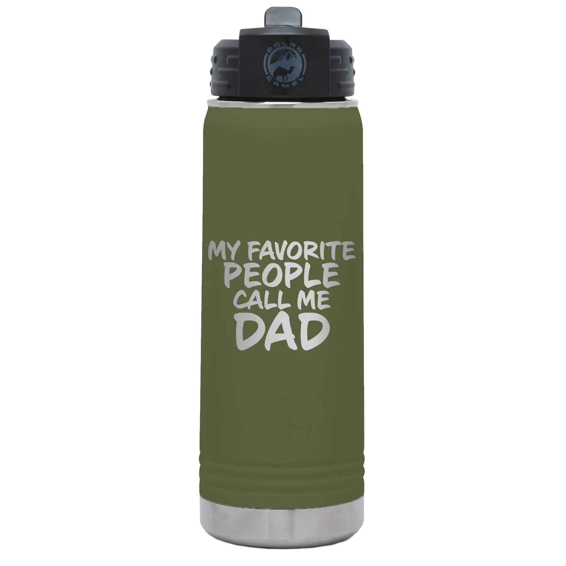Laser etched olive green 20 oz vacuum insulated water bottle with 'My favorite People' design