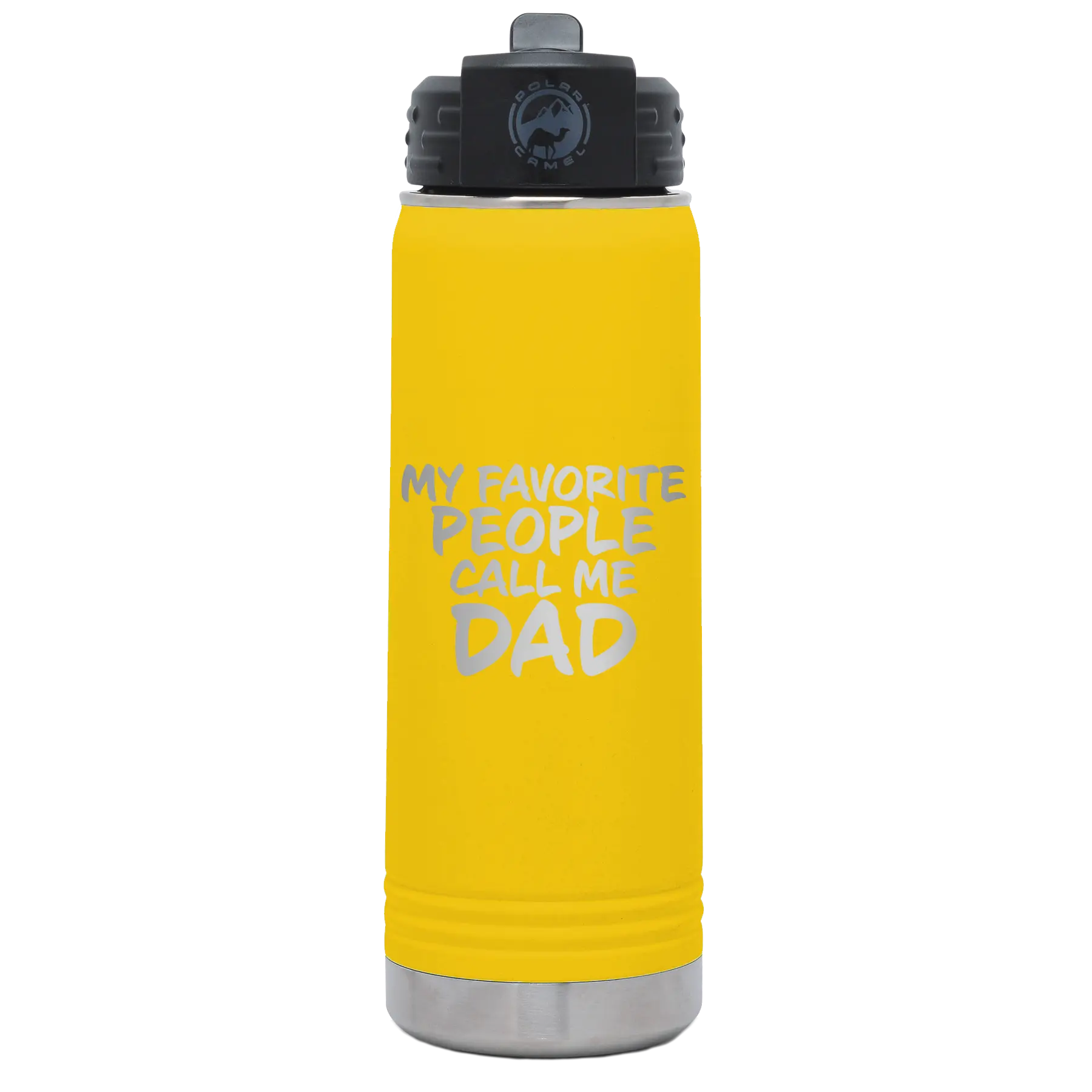 Laser etched yellow 20 oz vacuum insulated water bottle with 'My favorite People' design