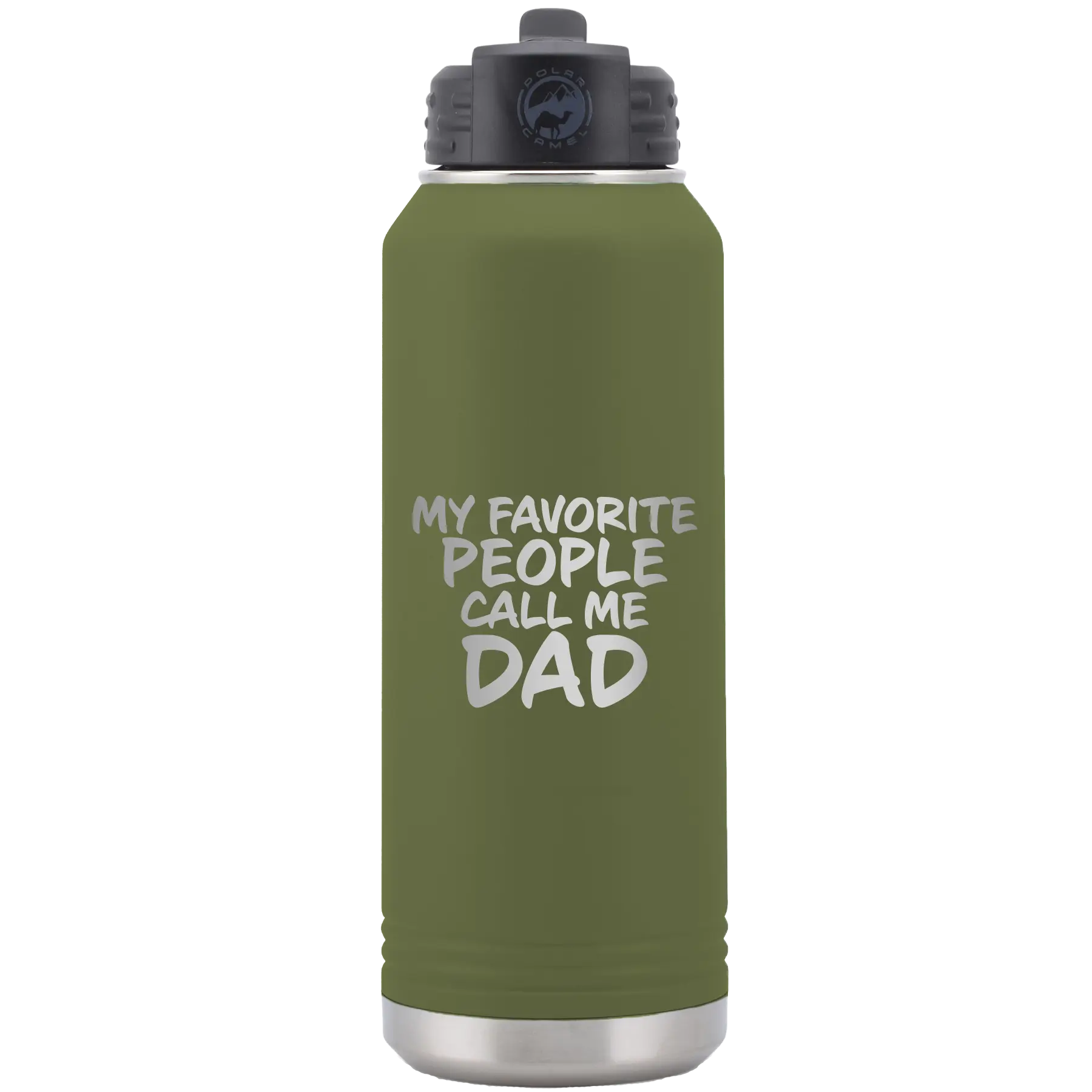 Laser etched olive green 32 oz vacuum insulated water bottle with 'My favorite People' design