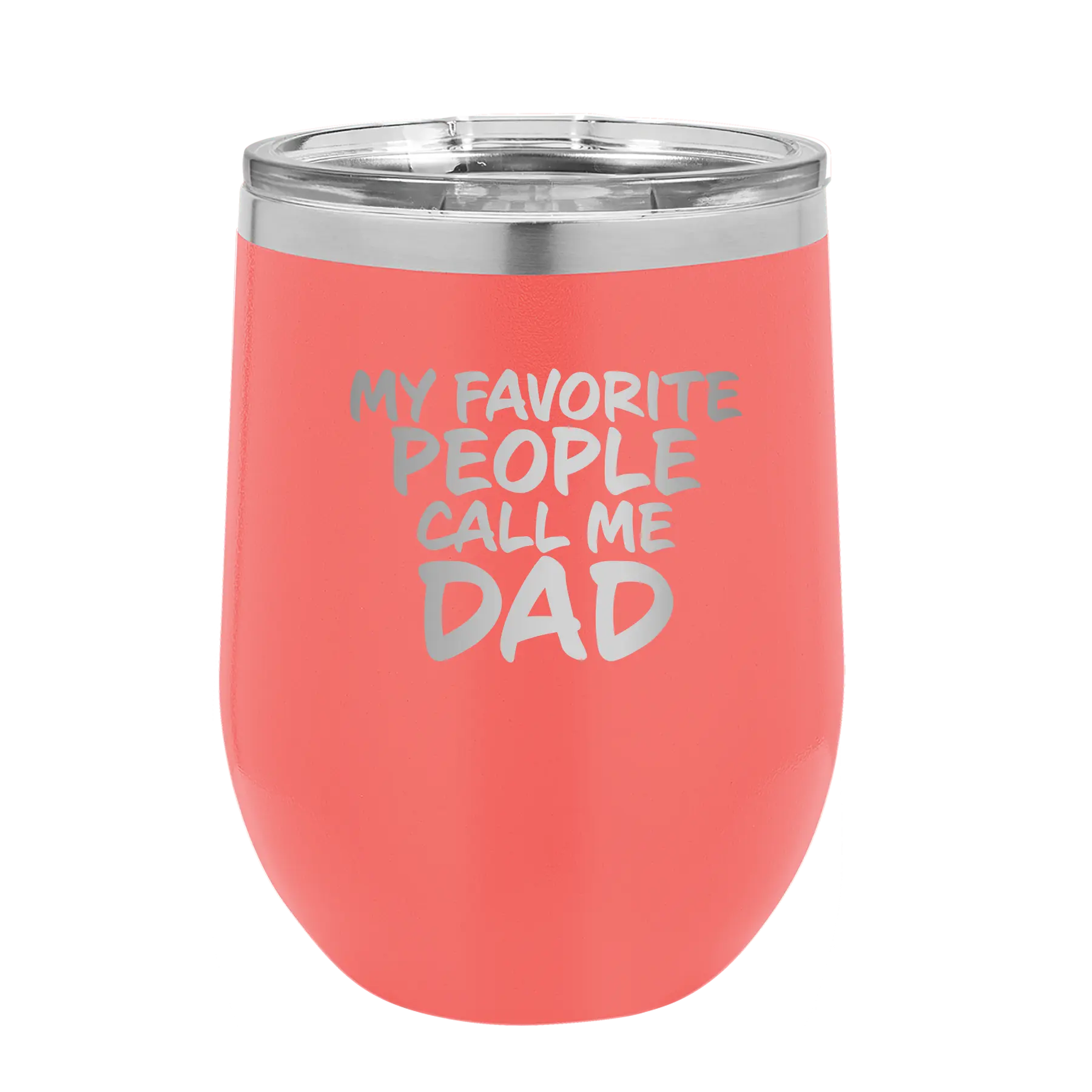 Personalized coral 12 oz vacuum insulated wine cup with etched 'My favorite People' design