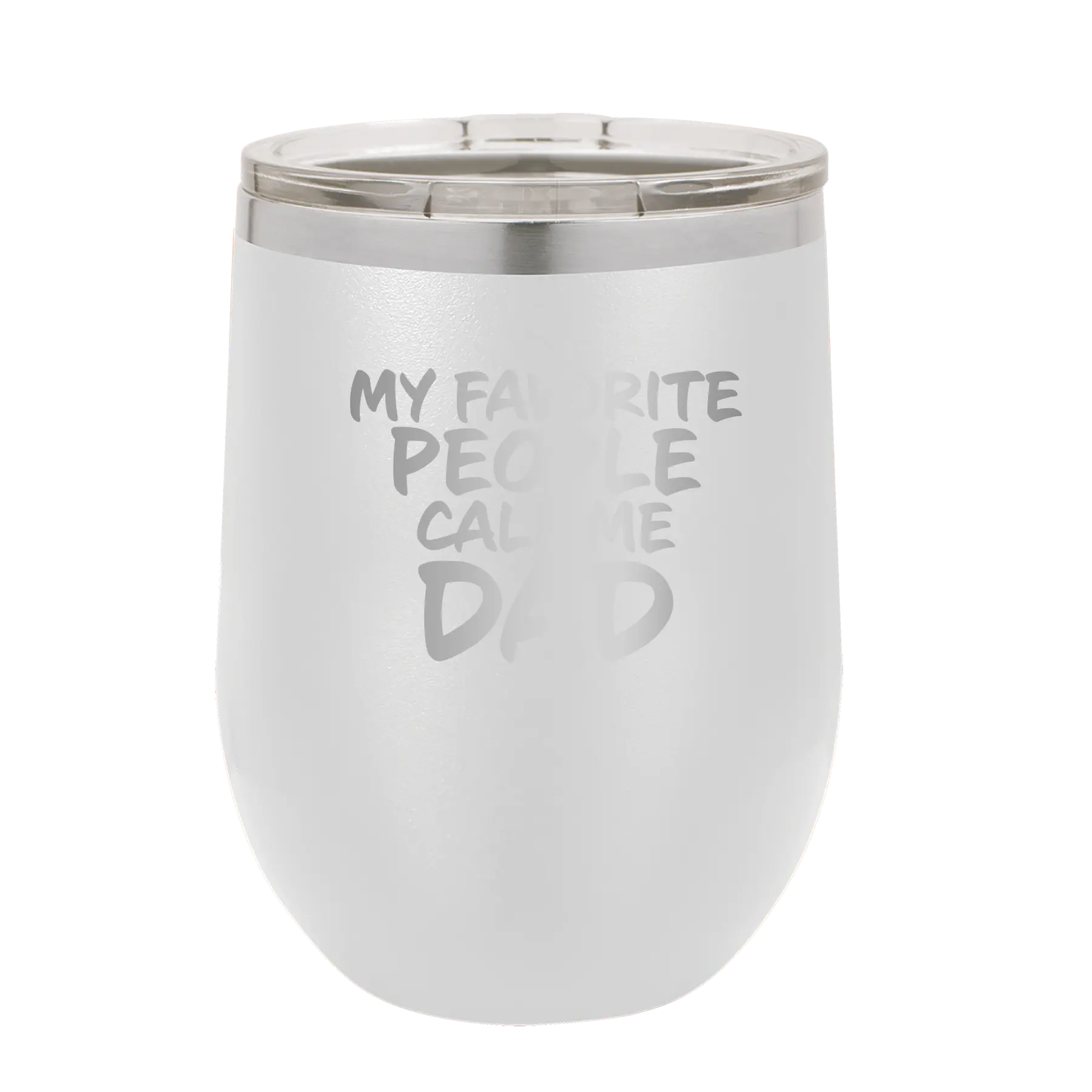 Personalized white 12 oz vacuum insulated wine cup with etched 'My favorite People' design