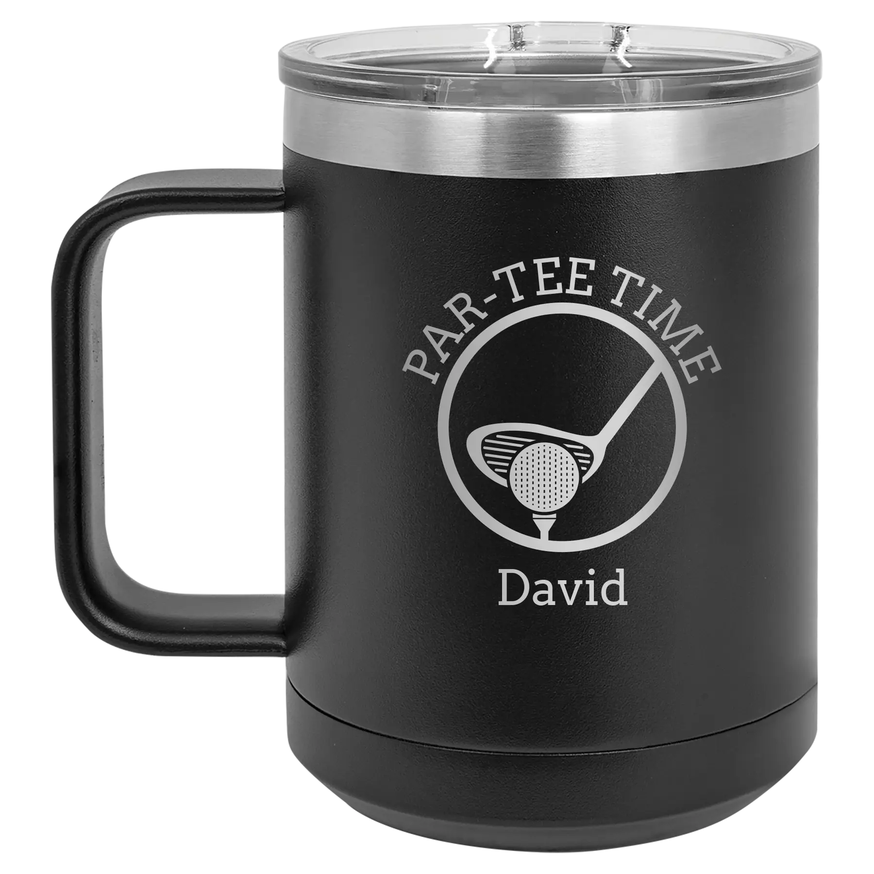 Personalized black 15 oz vacuum insulated coffee mug with etched 'Partee Time' design