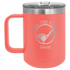 Personalized coral 15 oz vacuum insulated coffee mug with etched 'Partee Time' design