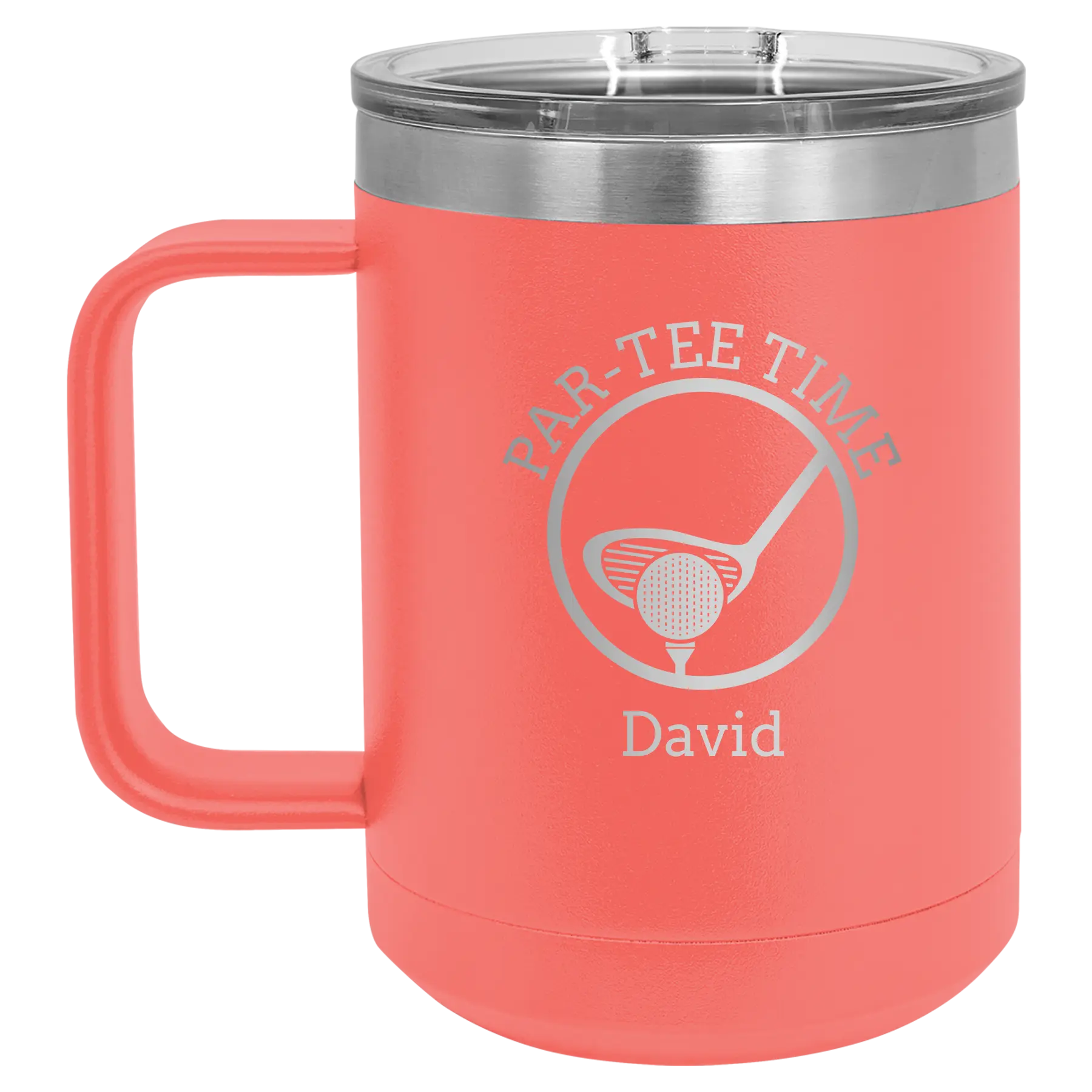 Personalized coral 15 oz vacuum insulated coffee mug with etched 'Partee Time' design