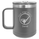 Personalized dark gray 15 oz vacuum insulated coffee mug with etched 'Partee Time' design