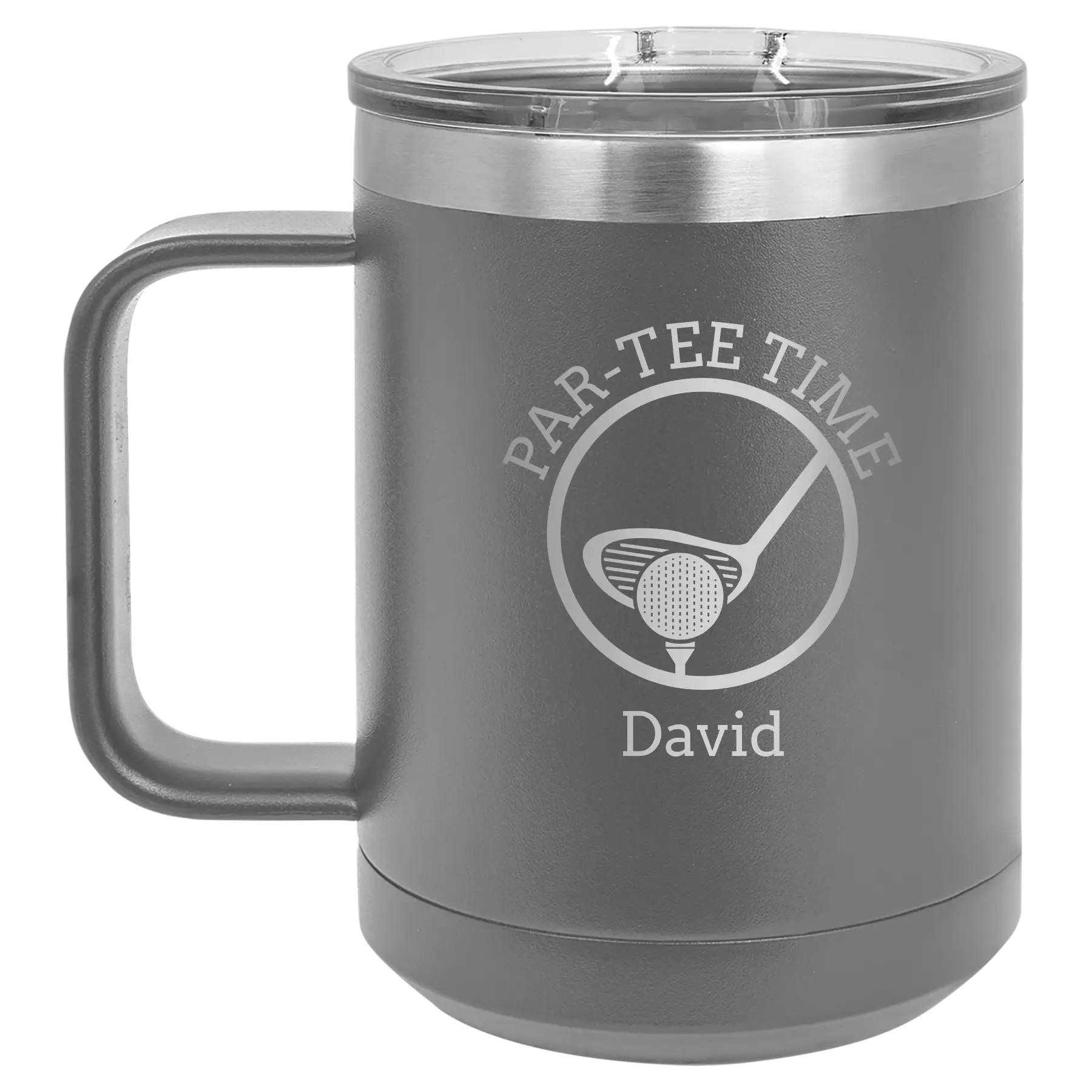 Personalized dark gray 15 oz vacuum insulated coffee mug with etched 'Partee Time' design