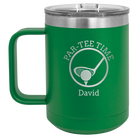 Personalized green 15 oz vacuum insulated coffee mug with etched 'Partee Time' design