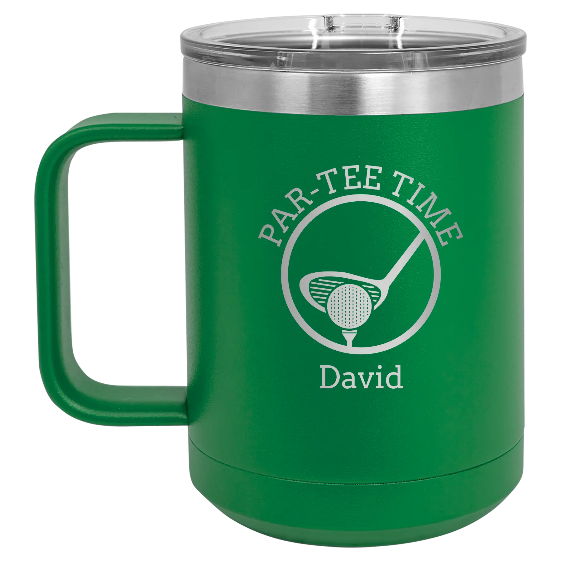 Personalized green 15 oz vacuum insulated coffee mug with etched 'Partee Time' design