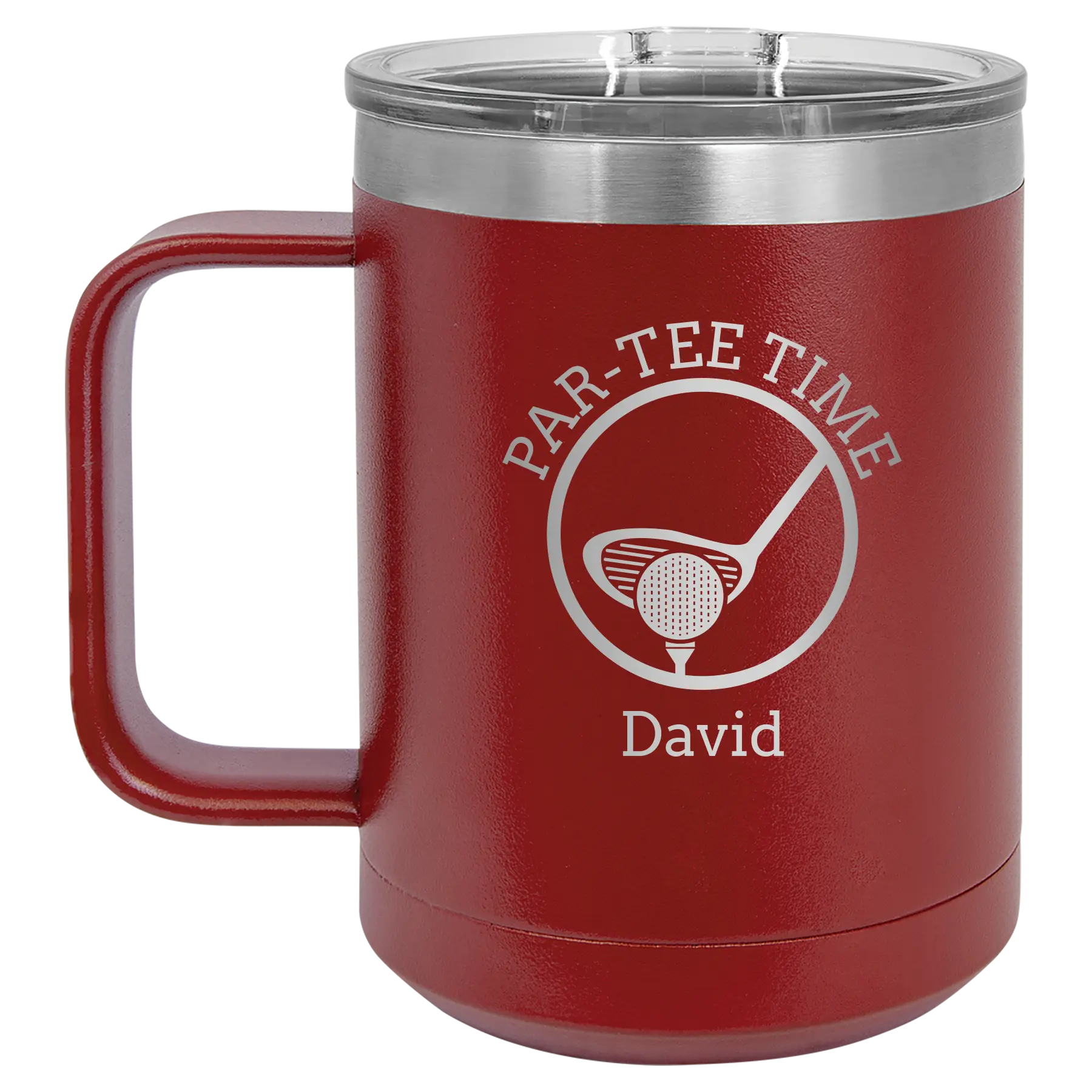 Personalized maroon 15 oz vacuum insulated coffee mug with etched 'Partee Time' design