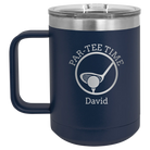 Personalized navy 15 oz vacuum insulated coffee mug with etched 'Partee Time' design