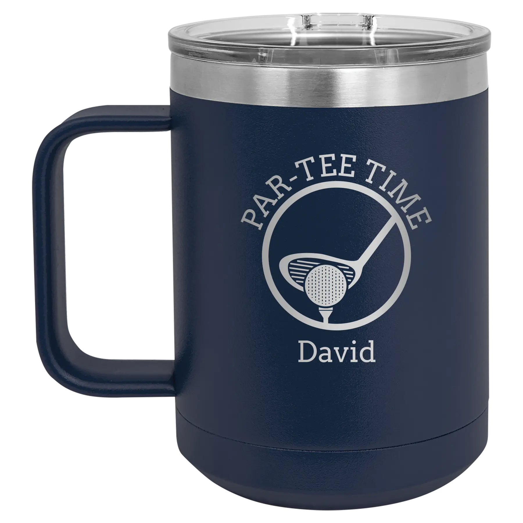 Personalized navy 15 oz vacuum insulated coffee mug with etched 'Partee Time' design