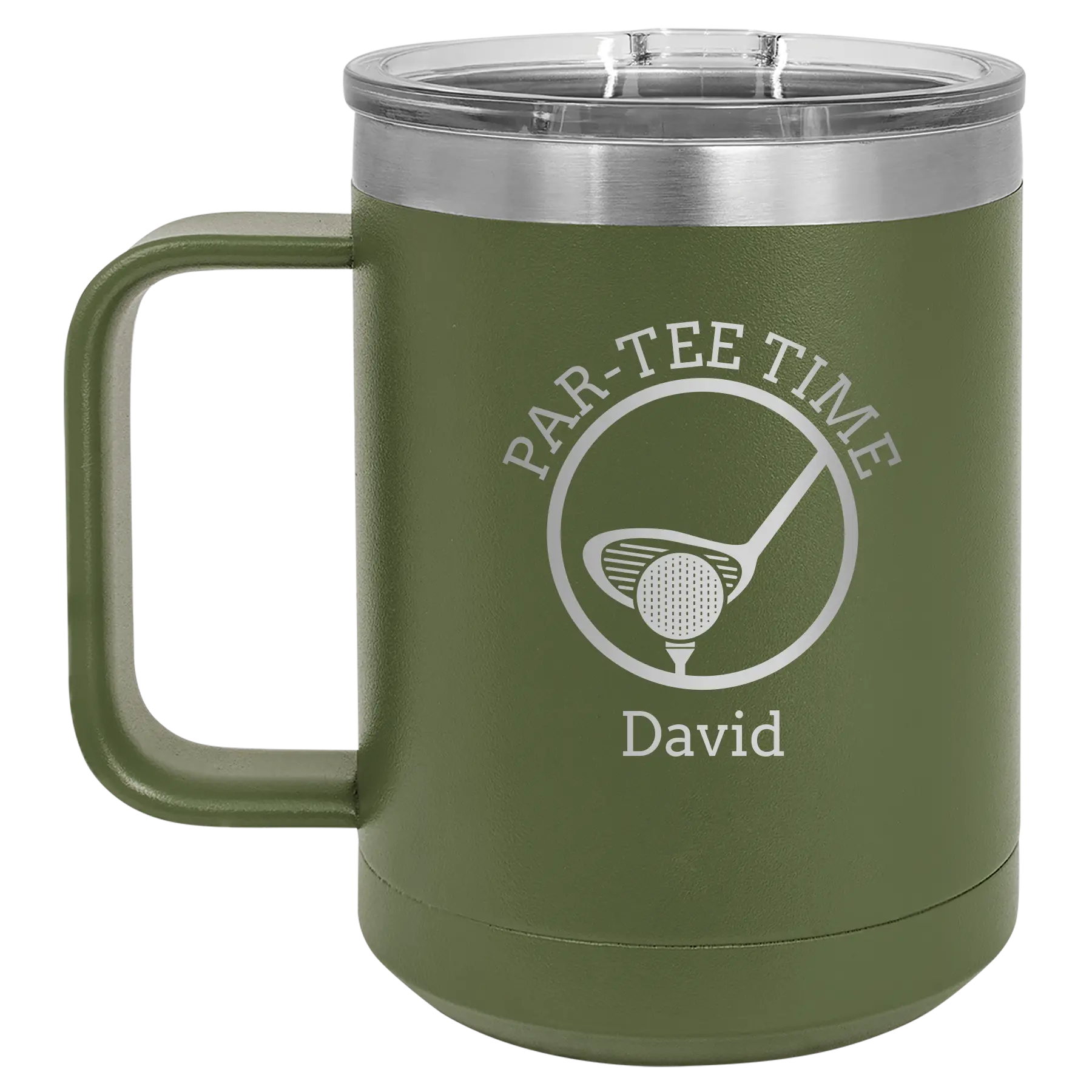 Personalized olive green 15 oz vacuum insulated coffee mug with etched 'Partee Time' design