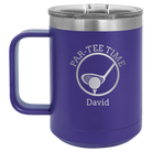 Personalized purple 15 oz vacuum insulated coffee mug with etched 'Partee Time' design