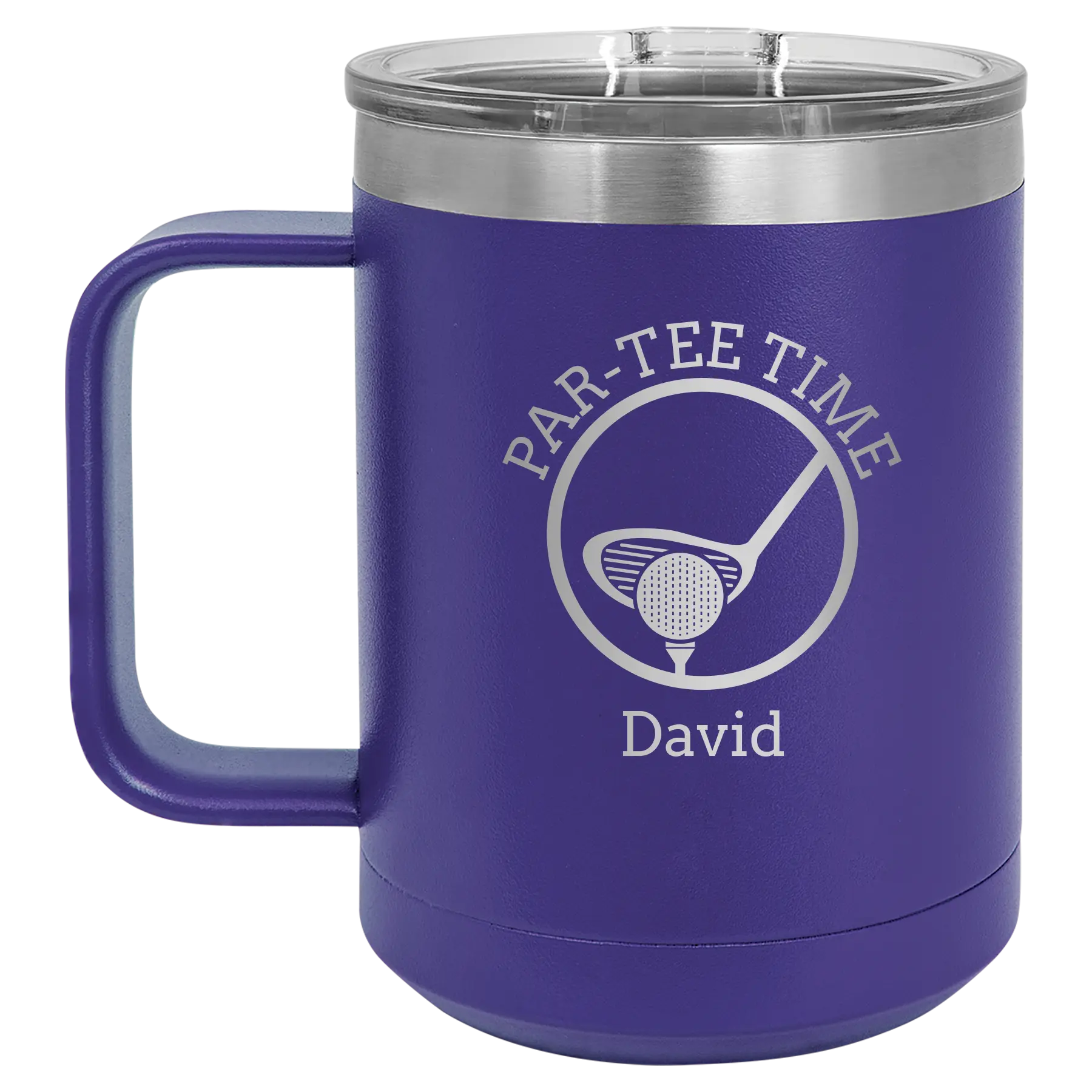 Personalized purple 15 oz vacuum insulated coffee mug with etched 'Partee Time' design