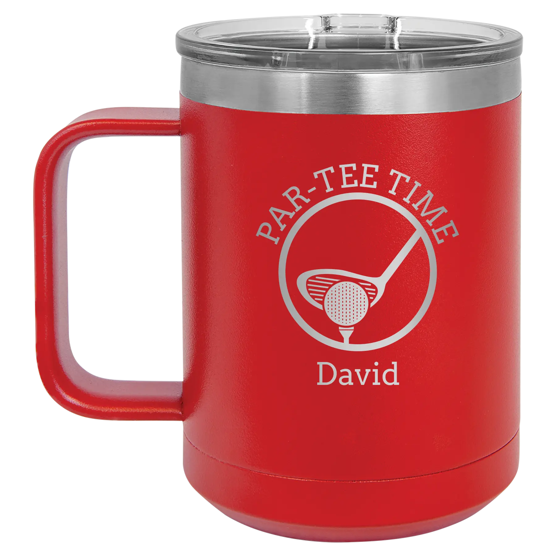 Personalized red 15 oz vacuum insulated coffee mug with etched 'Partee Time' design