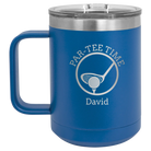 Personalized royal blue 15 oz vacuum insulated coffee mug with etched 'Partee Time' design