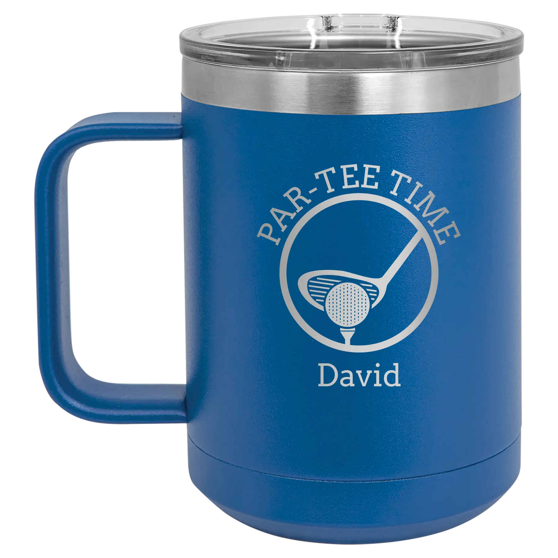 Personalized royal blue 15 oz vacuum insulated coffee mug with etched 'Partee Time' design