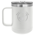 Personalized white 15 oz vacuum insulated coffee mug with etched 'Partee Time' design