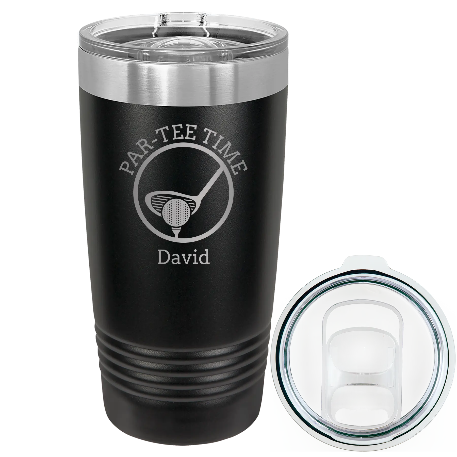 Laser etched black 20 oz vacuum insulated tumbler with 'Partee Time' design