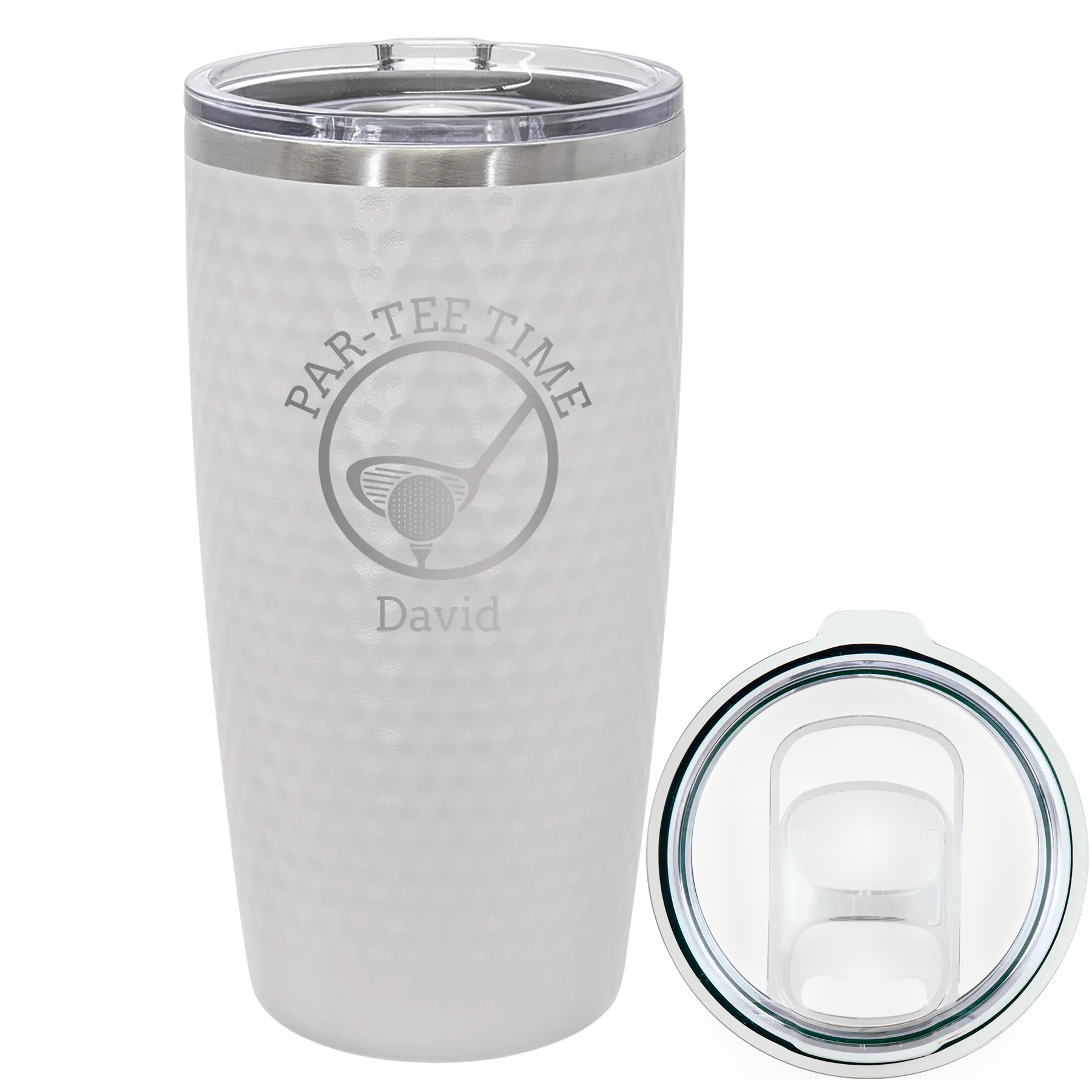 Laser etched white 20 oz golf dimples tumbler with 'Partee Time' design