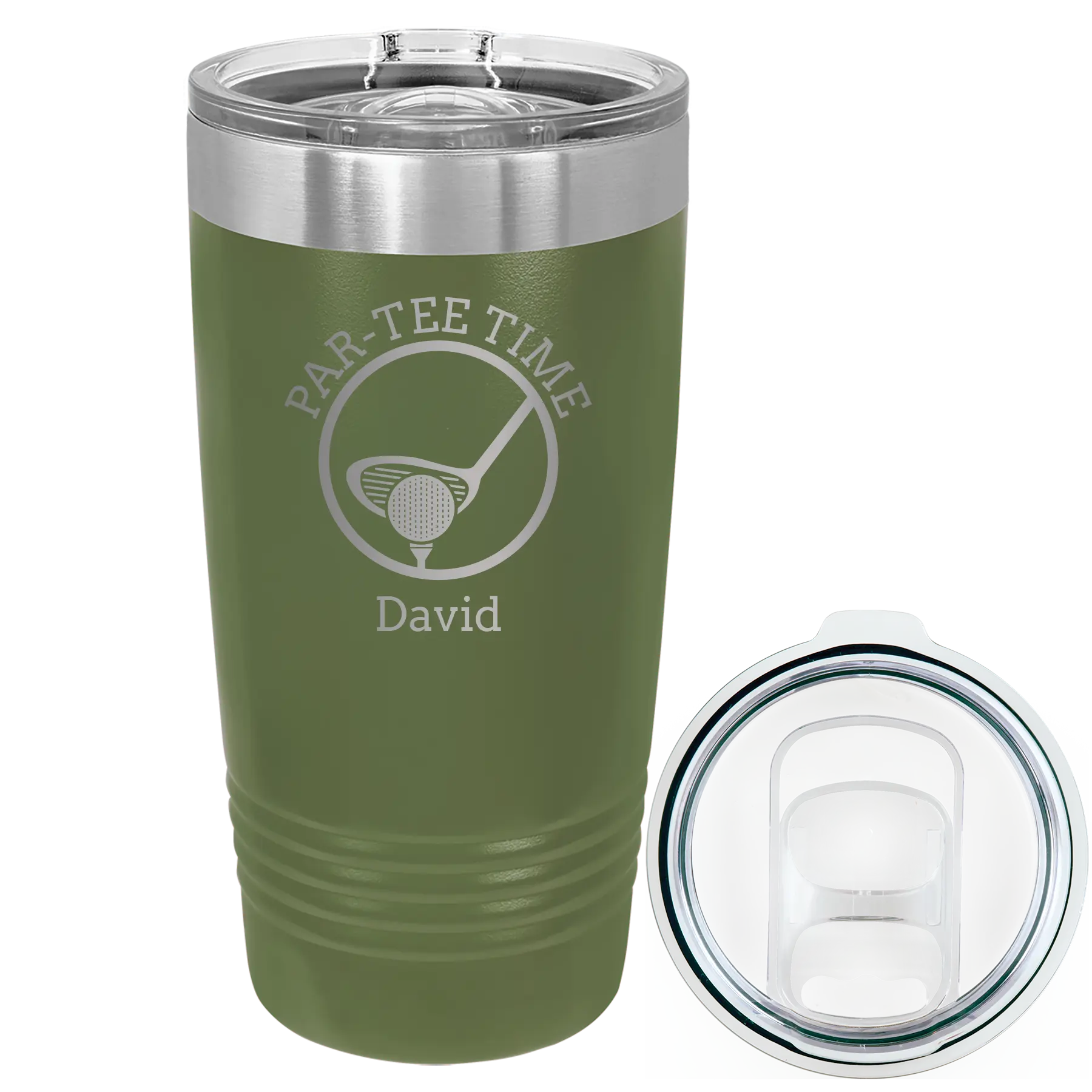 Laser etched olive green 20 oz vacuum insulated tumbler with 'Partee Time' design