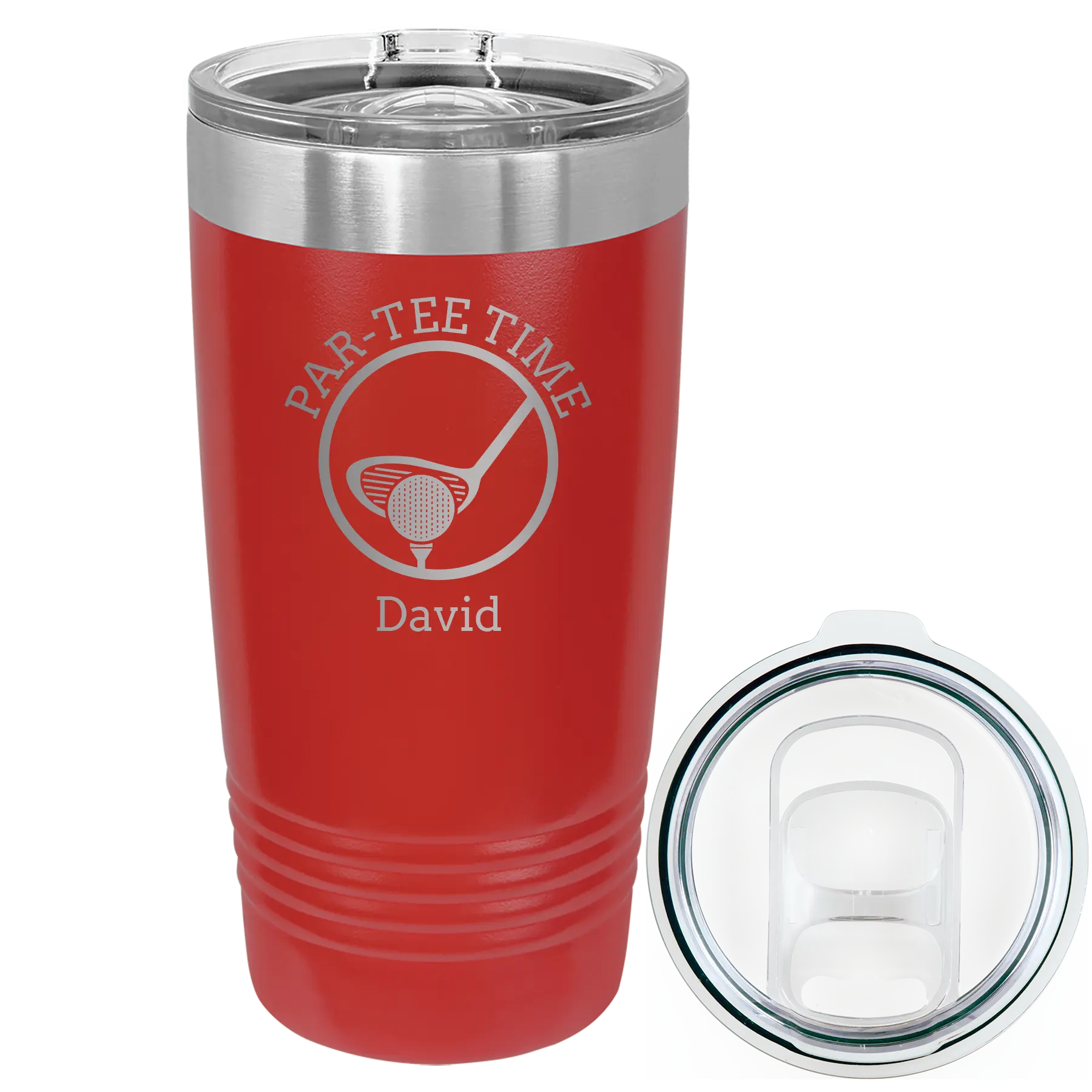 Laser etched red 20 oz vacuum insulated tumbler with 'Partee Time' design