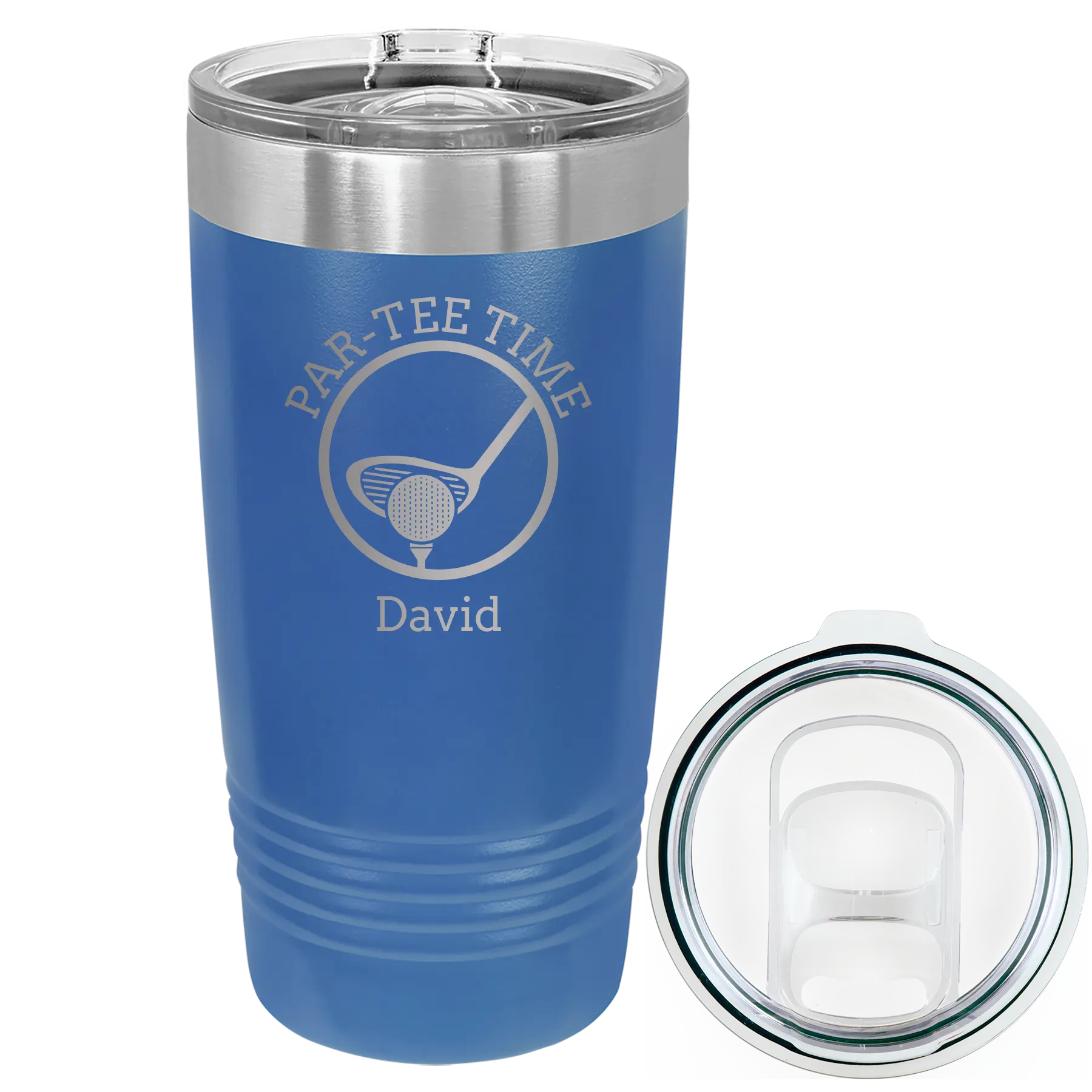 Laser etched royal blue 20 oz vacuum insulated tumbler with 'Partee Time' design