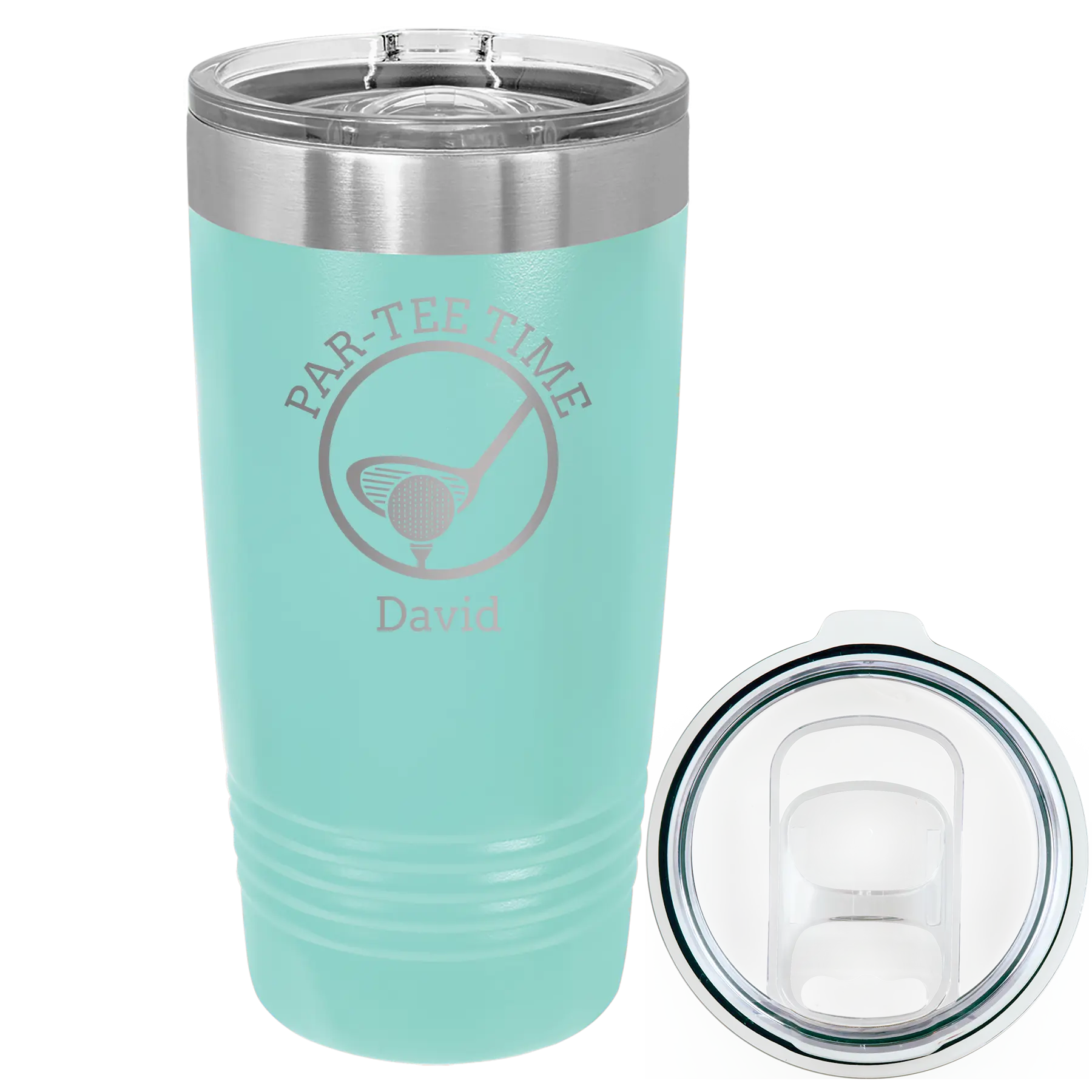 Laser etched teal 20 oz vacuum insulated tumbler with 'Partee Time' design