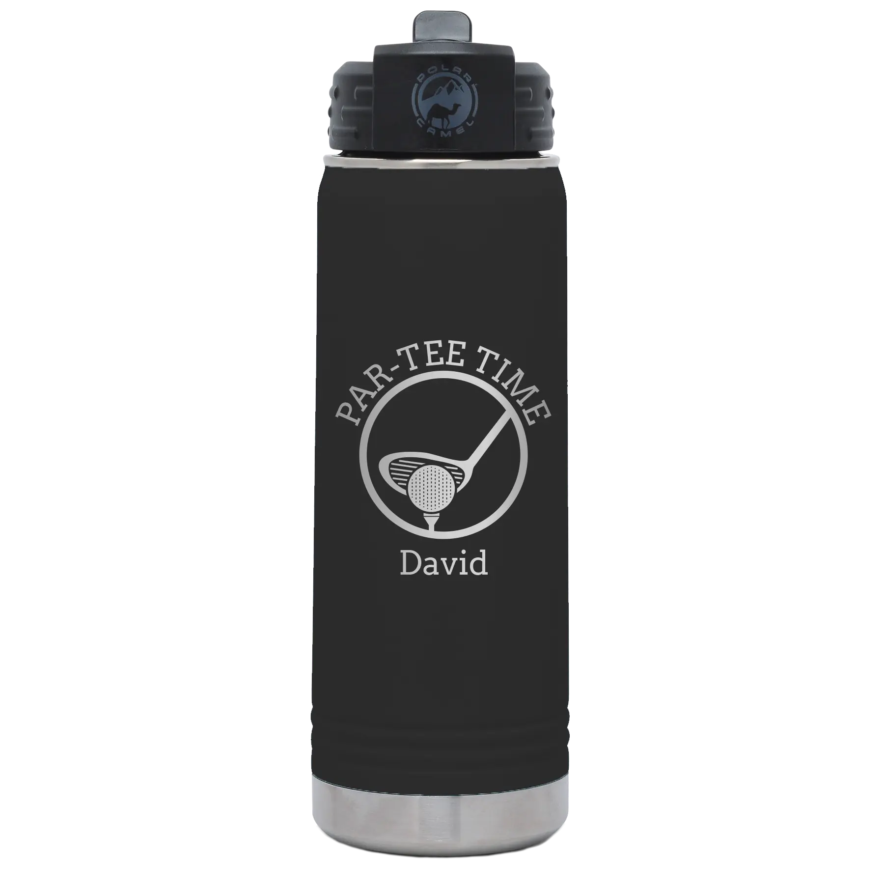 Laser etched black 20 oz vacuum insulated water bottle with 'Partee Time' design