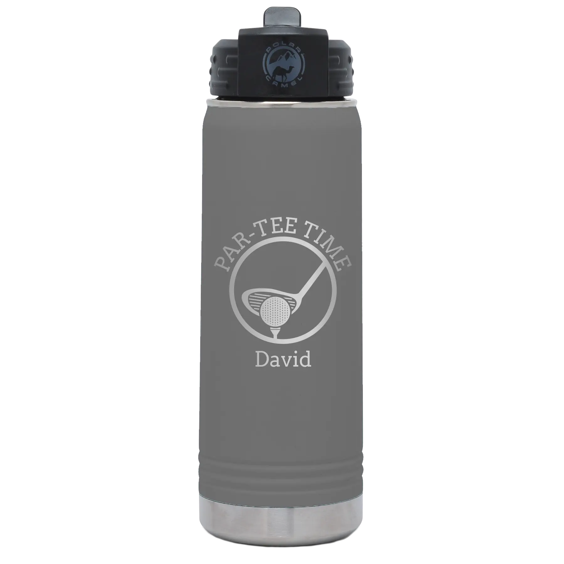 Laser etched dark gray 20 oz vacuum insulated water bottle with 'Partee Time' design