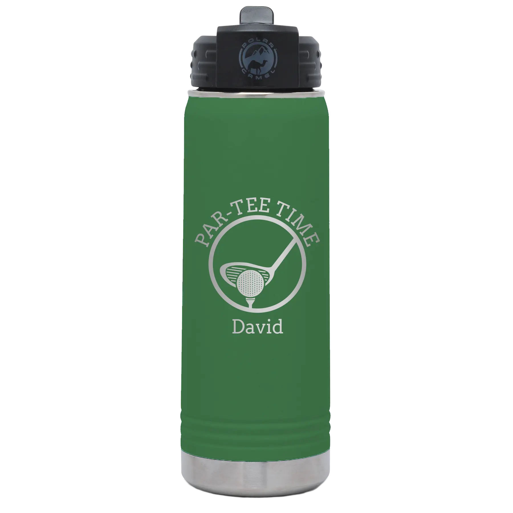 Laser etched green 20 oz vacuum insulated water bottle with 'Partee Time' design